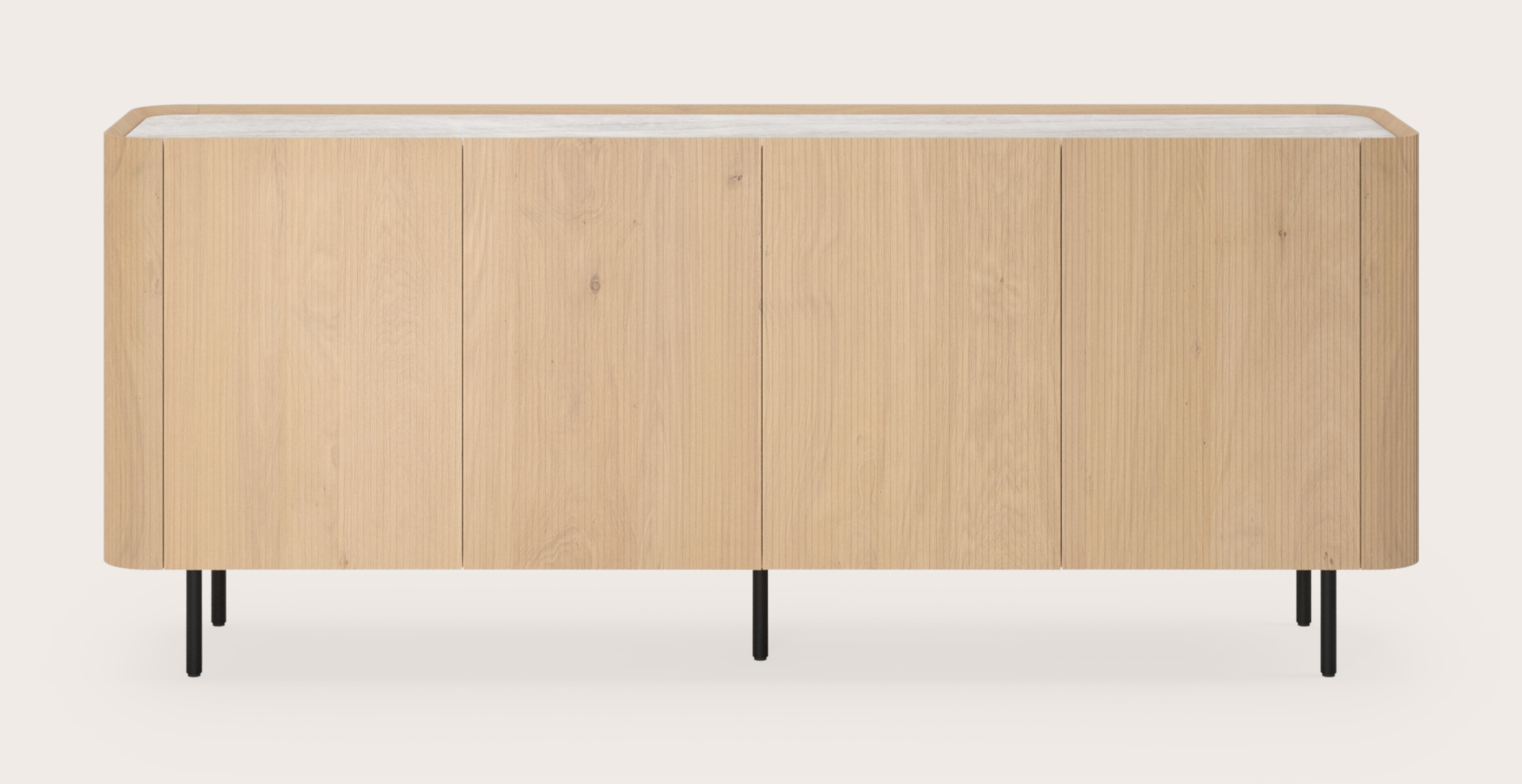 Grivato dressoir in natuurkleurige eik met ronde poten met volkeramisch Ceramo blad in kleur Taj Mahal 203 x 45 cm