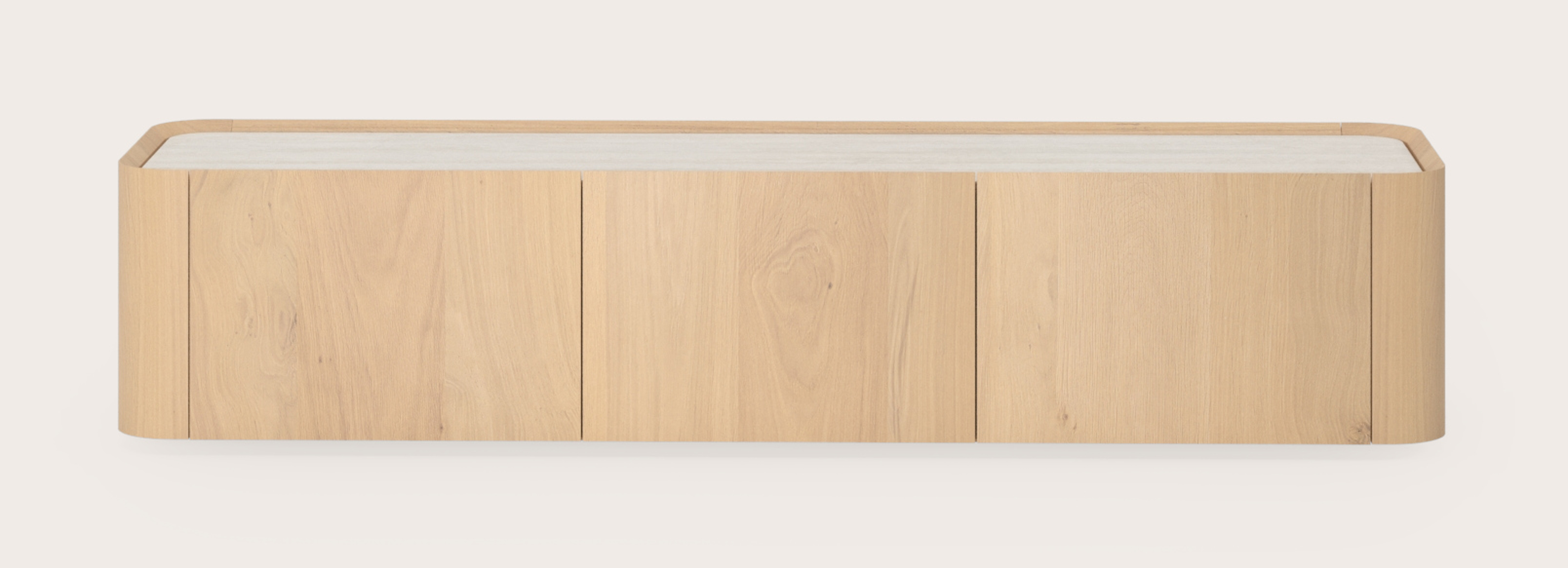 Curvato tv-meubel in natuurkleurige eik met volkeramisch Ceramo blad in kleur Travertino Bianco 169 x 45 x 34 cm