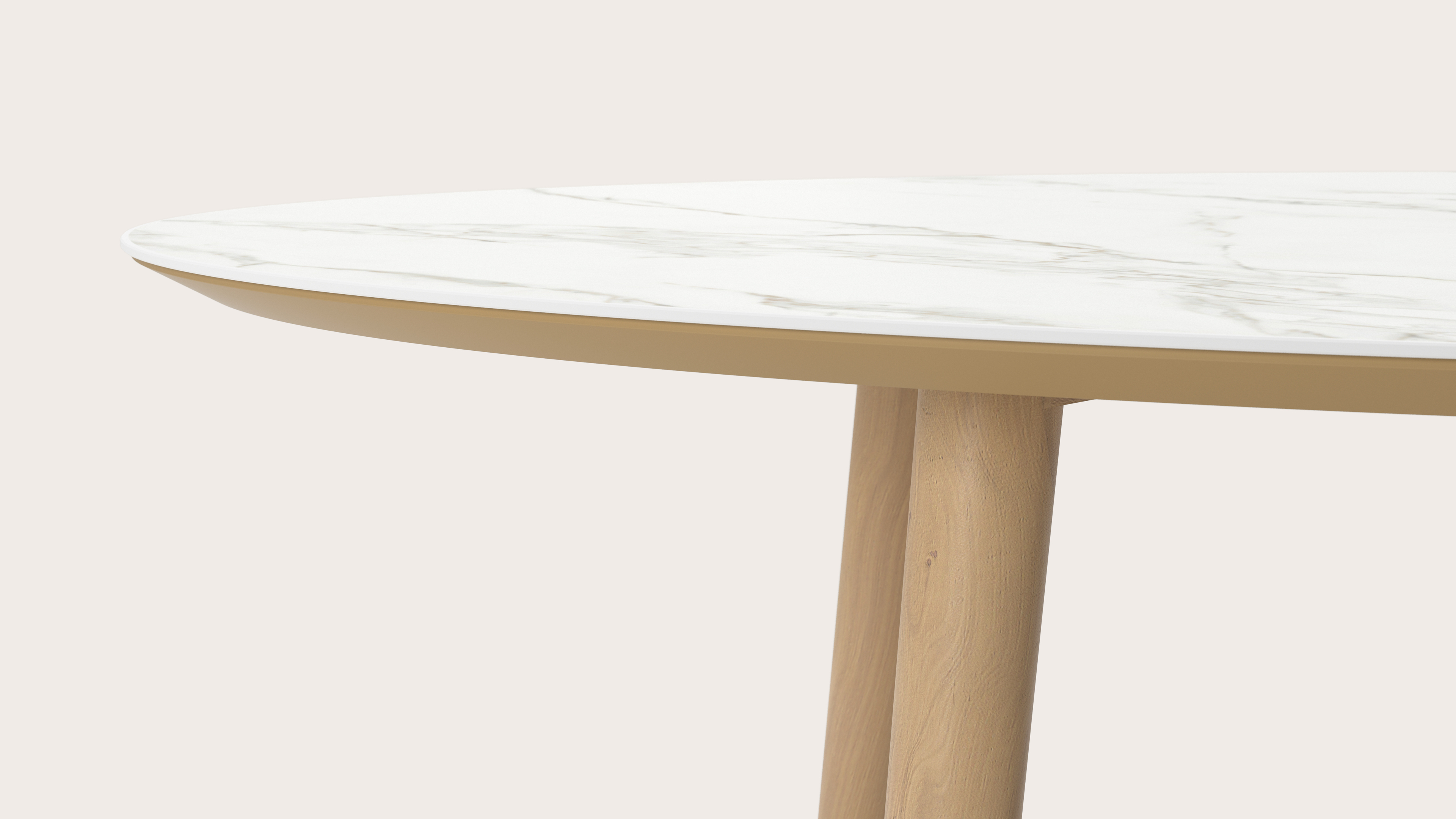 Eettafel Conico onderstel in natuurkleurige eik met ovaal volkeramisch Ceramo blad in kleur Calacatta 220 x 120 x 77 cm