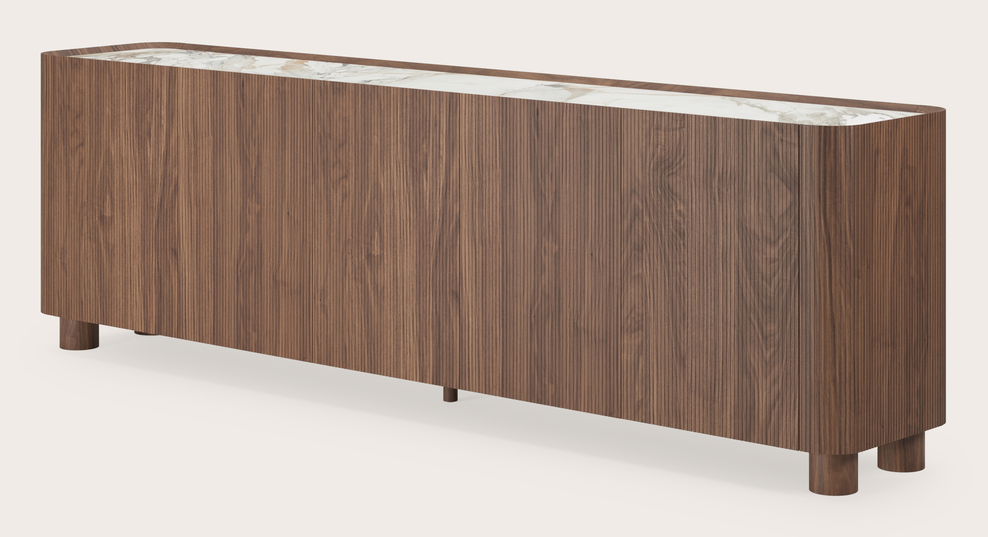 Buffet Grivato en noyer avec pieds ronds en bois avec plateau Ceramo en céramique en couleur Calacatta Luxe 249 x 45 x 76 cm