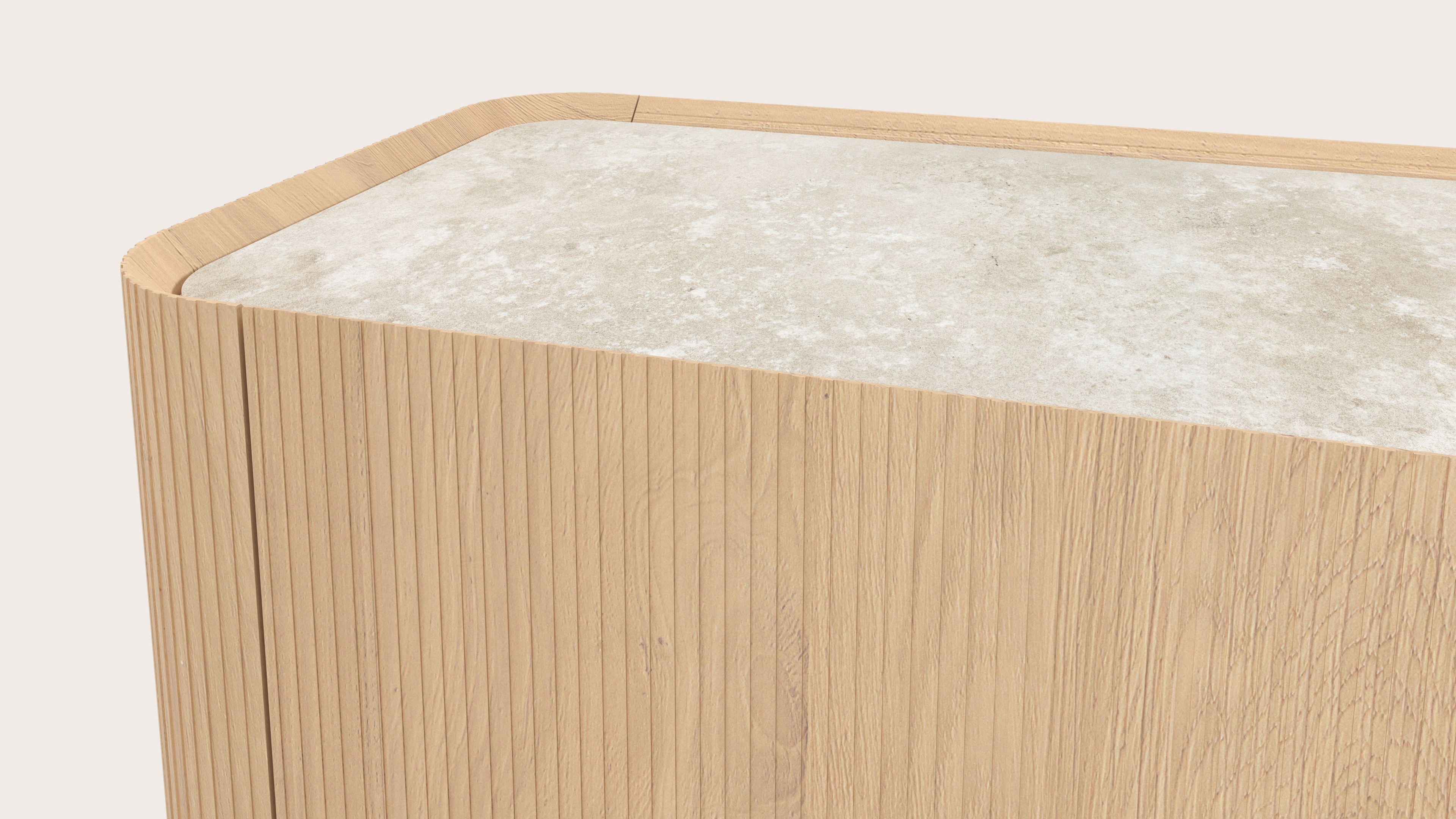 Grivato tv-meubel in natuurkleurige eik met ronde poten met volkeramisch Ceramo blad in kleur Rapolano 219 x 45 cm