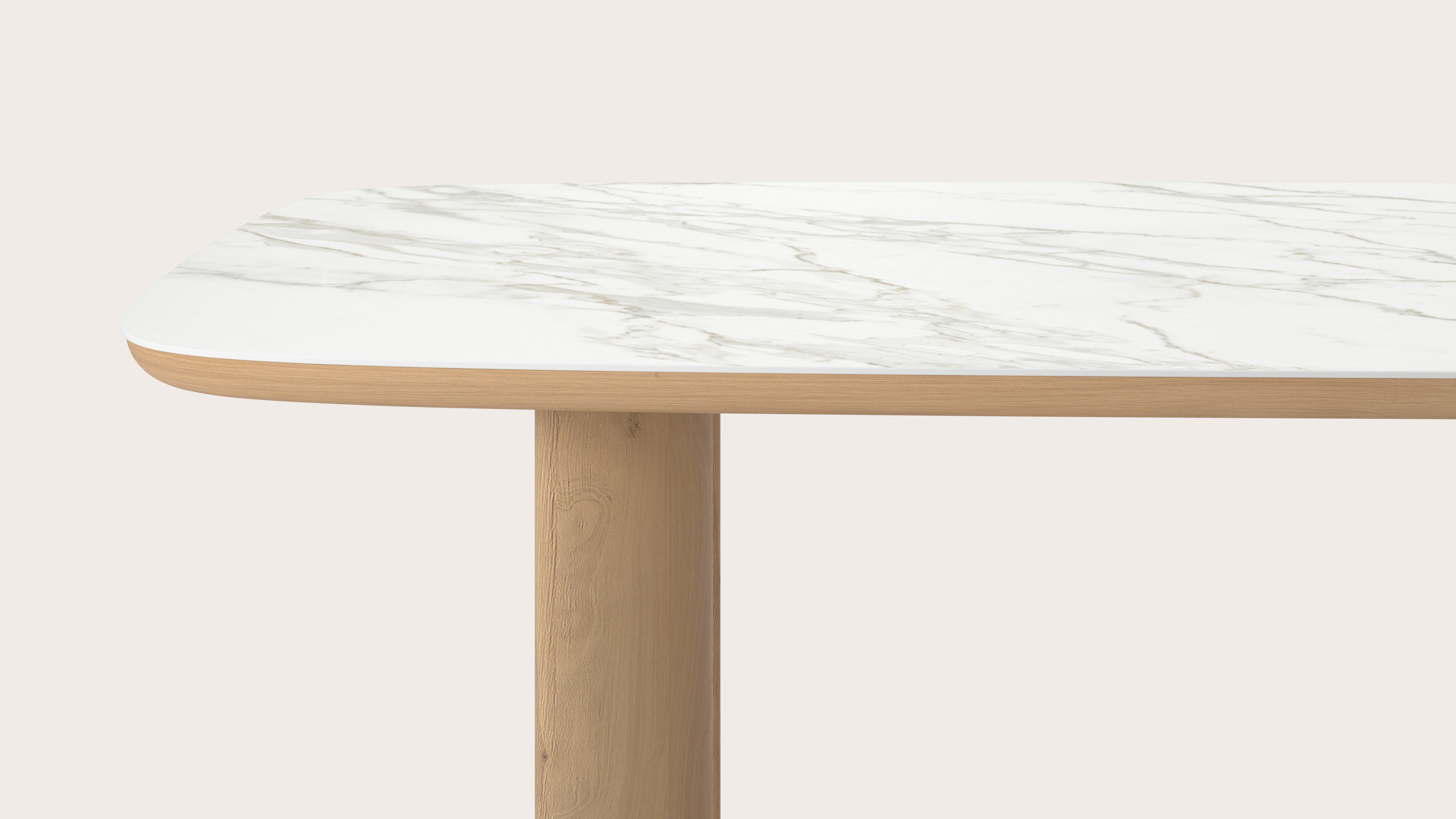 Eettafel Amato Ellipso onderstel in natuurkleurige eik met bootvormig volkeramisch Ceramo blad in kleur Calacatta 300 x 115 x 76 cm