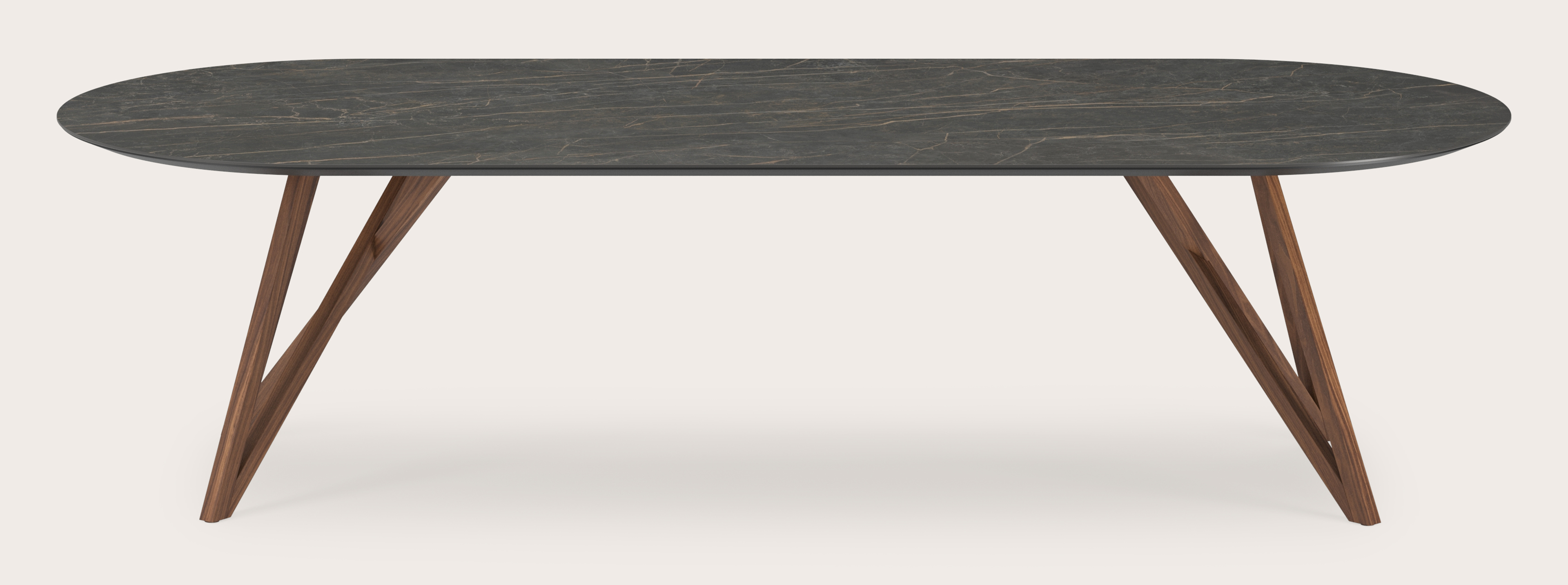 Eettafel Ragno onderstel in walnoot met plat ovaal volkeramisch Ceramo blad in kleur Black Obsession 300 x 120 x 77 cm 
