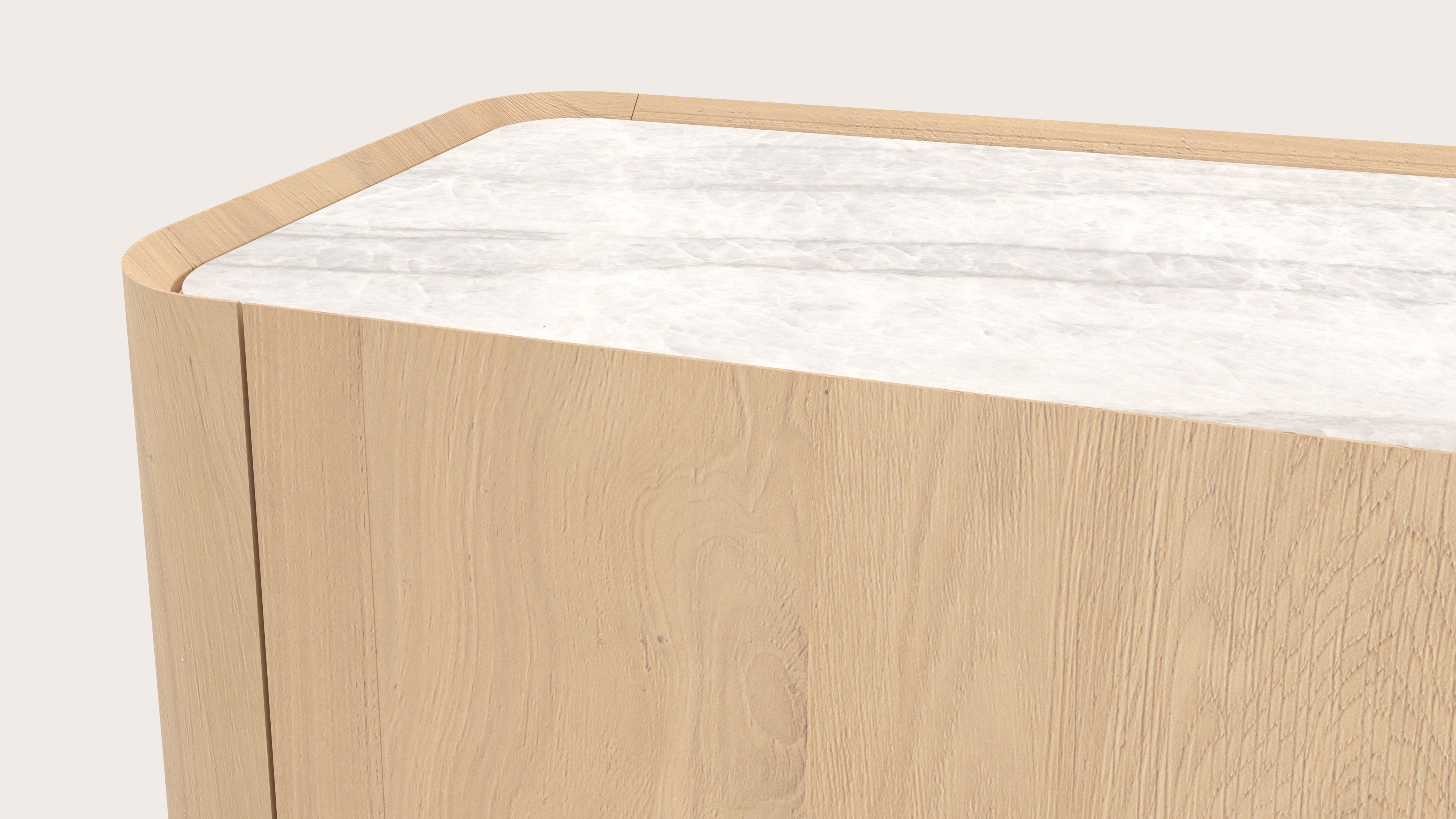Meuble tv Curvato en chêne couleur naturelle avec pieds ronds en bois avec plateau Ceramo en céramique en couleur Taj Mahal 203 x 45 x 44 cm