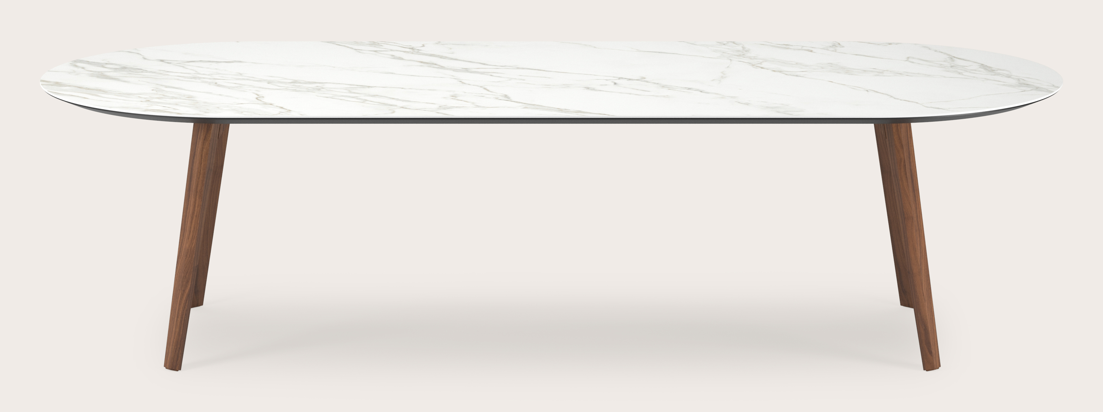 Table de salle à manger Clino armature en noyer avec plateau Ceramo ovale plat en céramique en couleur Calacatta 300 x 120 x 77 cm