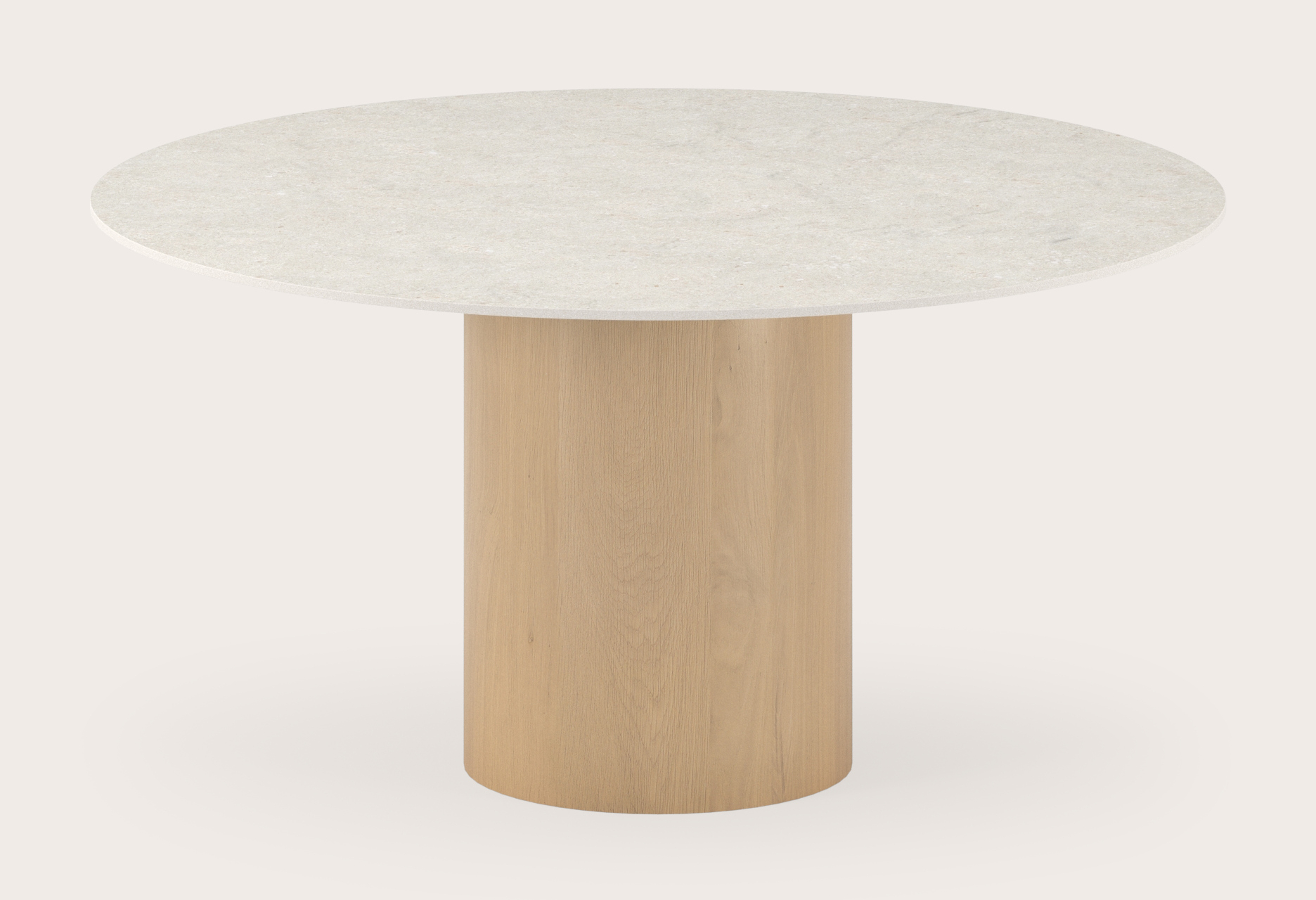 Eettafel low dining Amato Rondo onderstel in natuurkleurige eik met rond volkeramisch Ceramo Lux blad in kleur Shilin Ø140 x 69 cm