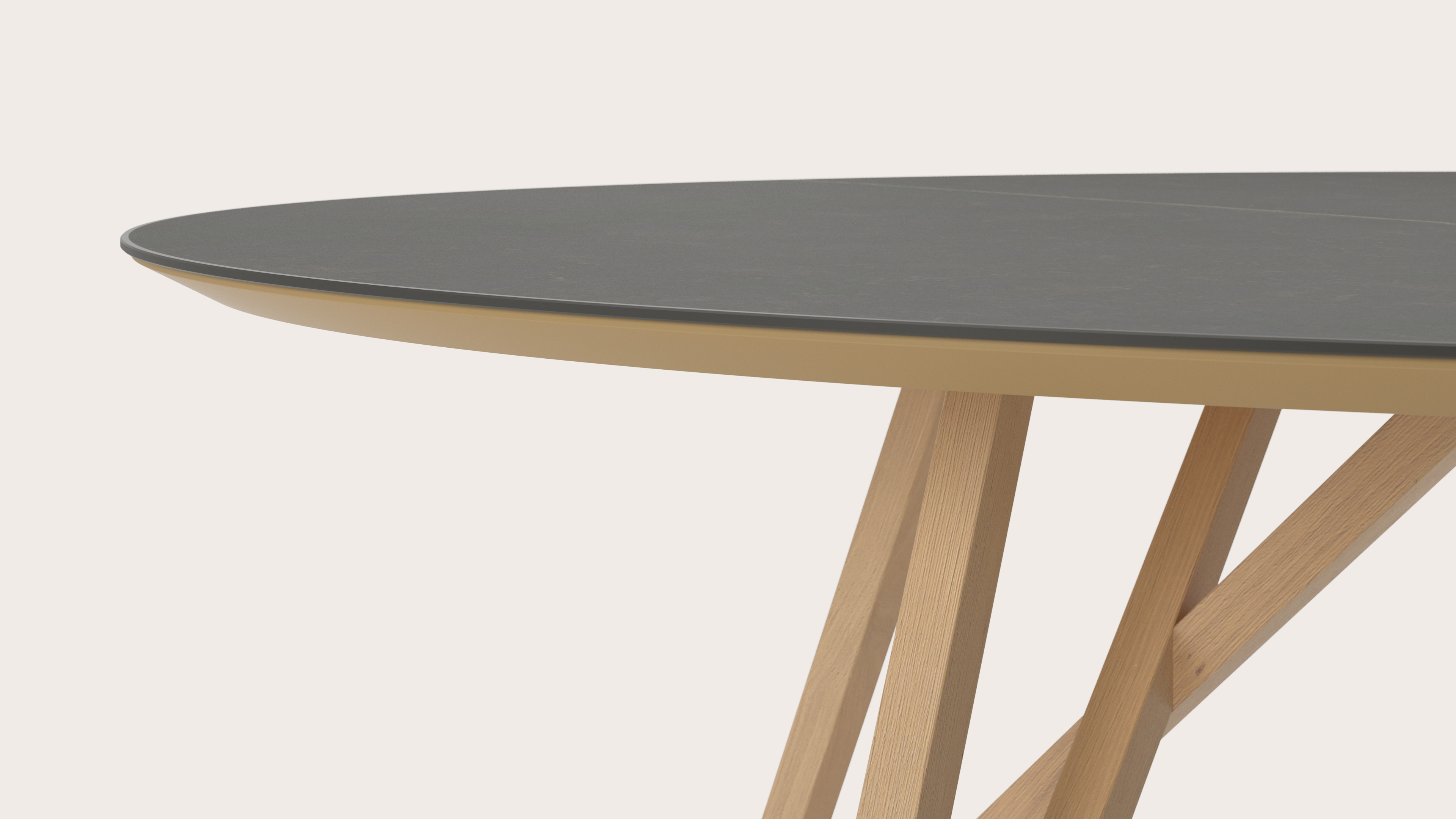 Eettafel Ragno onderstel in natuurkleurige eik met ovaal volkeramisch Ceramo blad in kleur Calatorao 220 x 120 x 77 cm