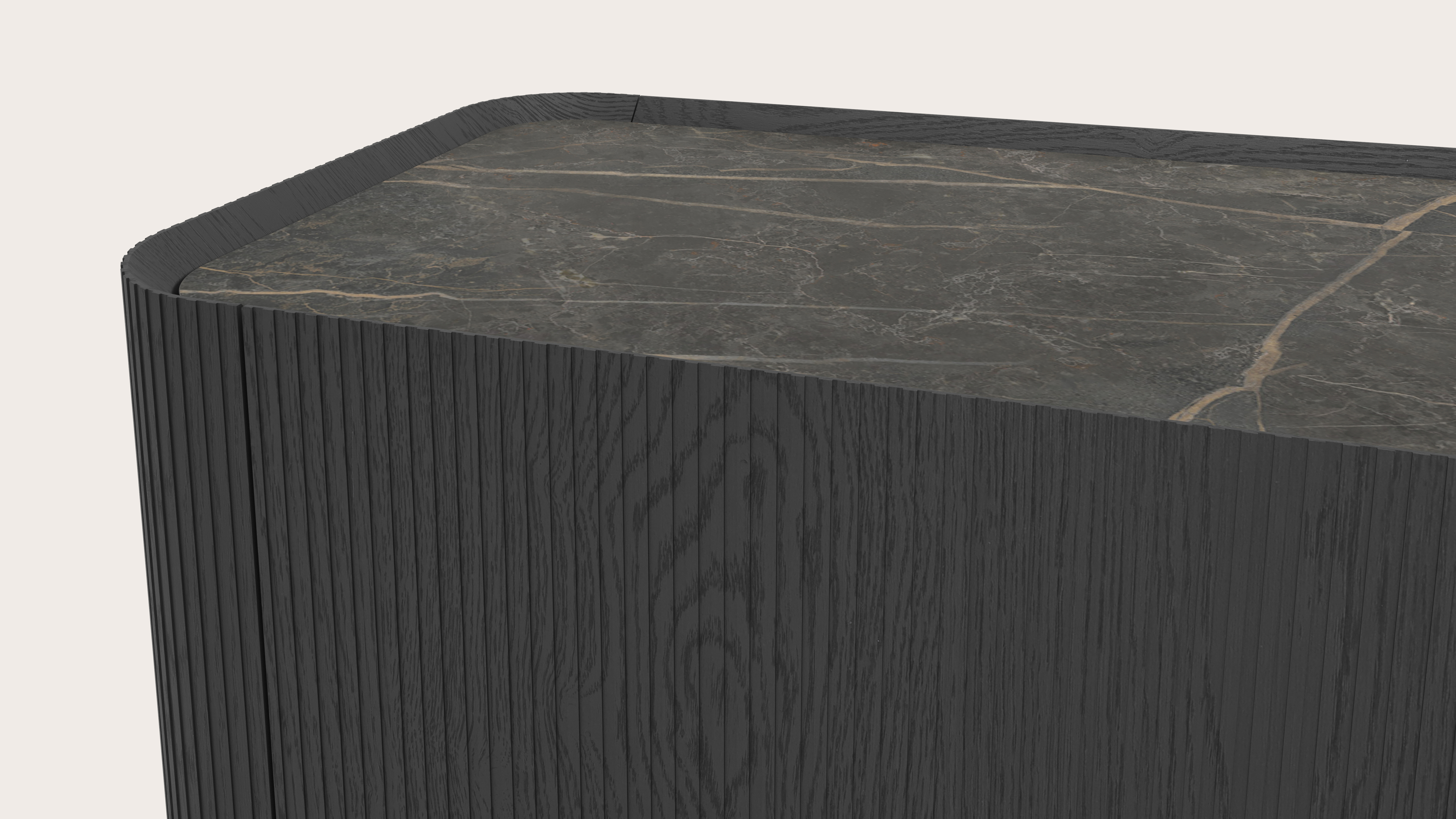 Meuble tv Grivato en chêne noir avec pieds ronds avec plateau Ceramo rond en céramique en couleur Black Obsession 249 x 45 cm