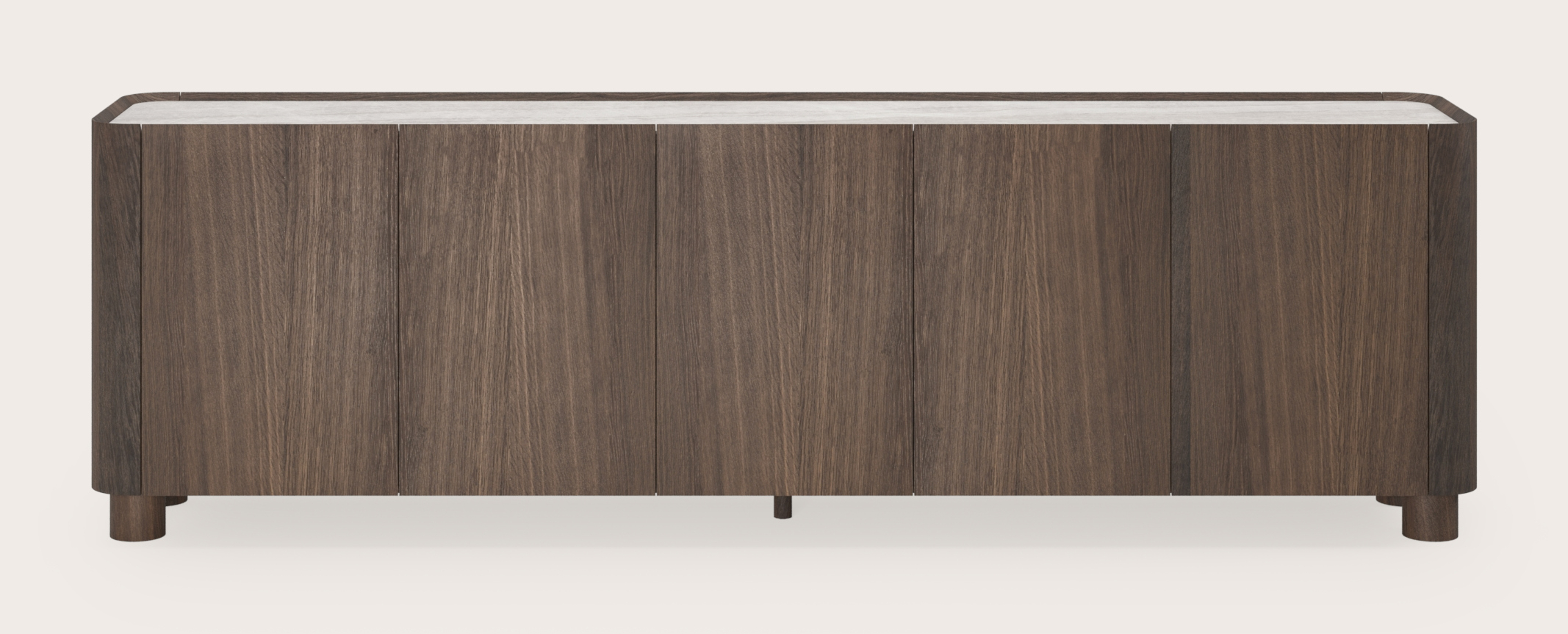 Buffet Curvato en chêne fumé avec pieds ronds en bois avec plateau Ceramo en céramique en couleur Taj Mahal 249 x 45 x 76 cm