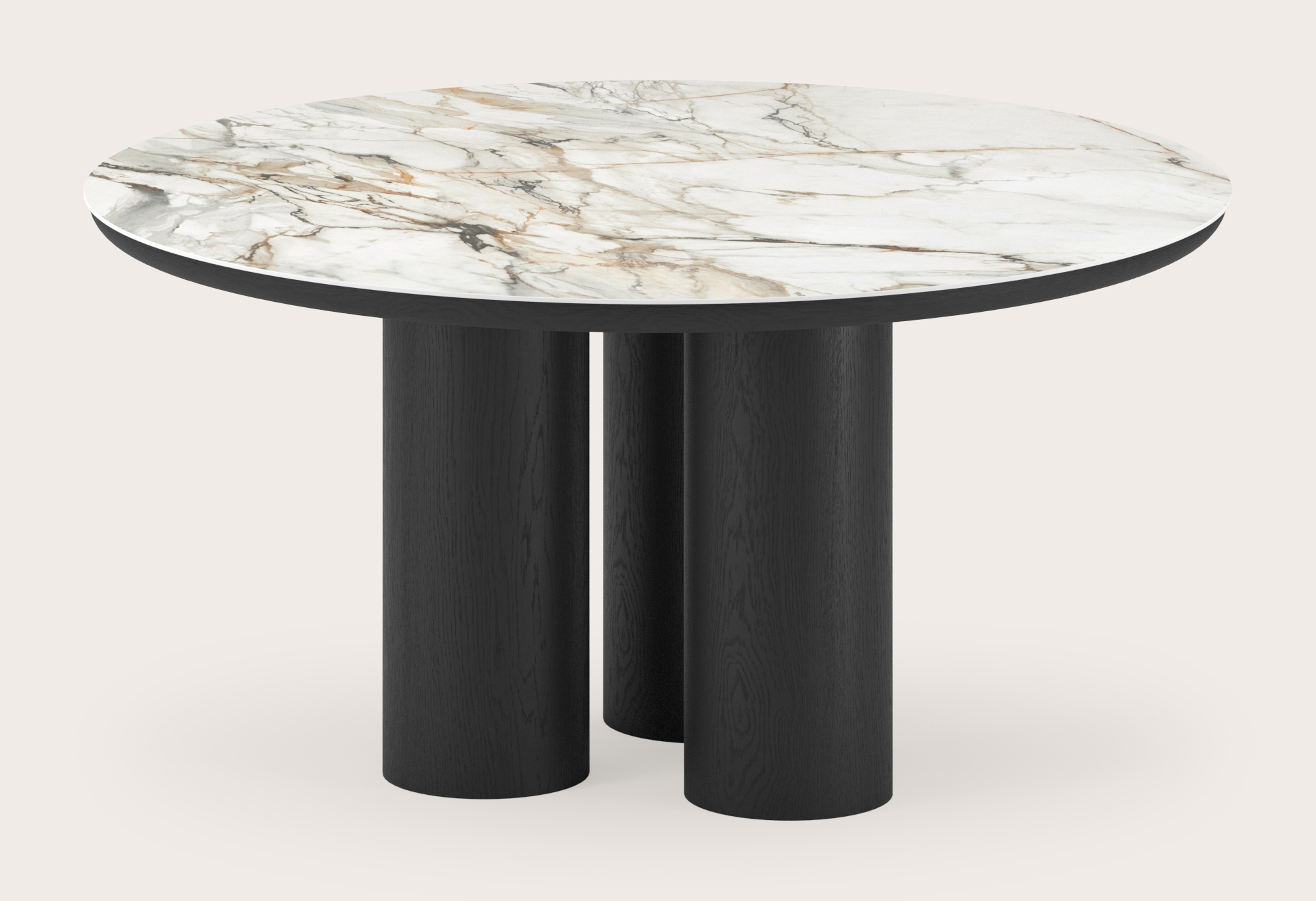 Eettafel Amato Rondo onderstel in zwarte eik met rond volkeramisch Ceramo blad in kleur Calacatta Luxe Ø150 x 76 cm