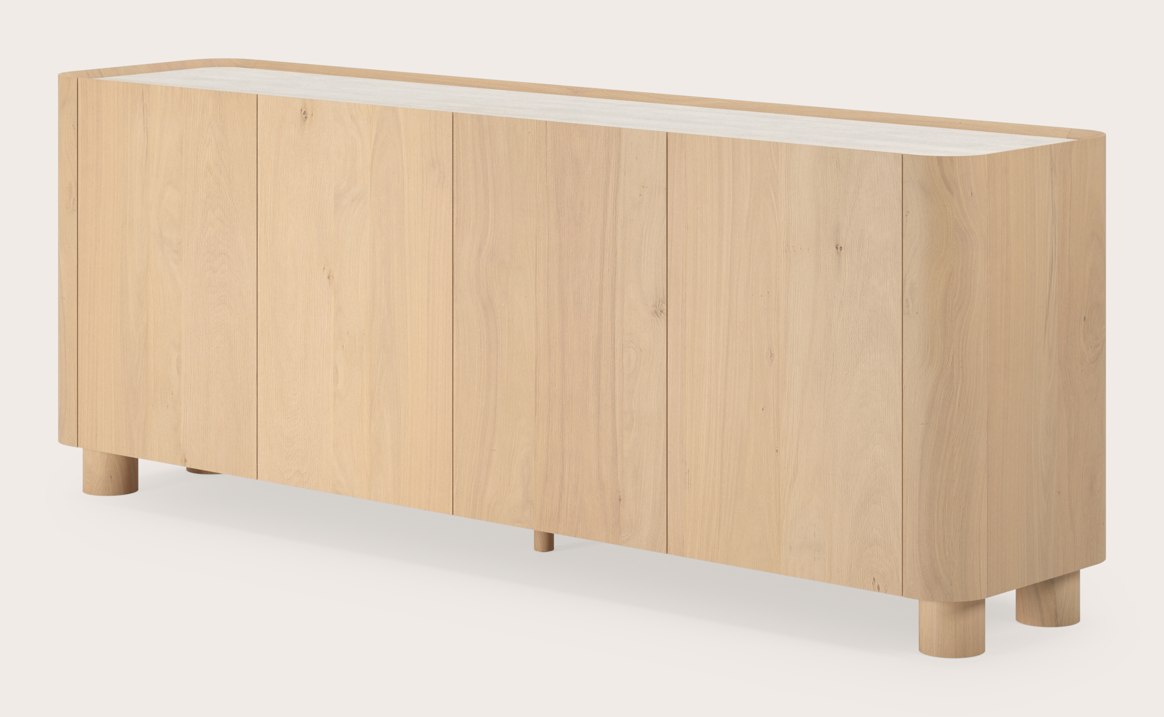 Curvato dressoir in natuurkleurige eik met ronde houten poten met volkeramisch Ceramo blad in kleur Travertino Bianco 203 x 45 x 76 cm