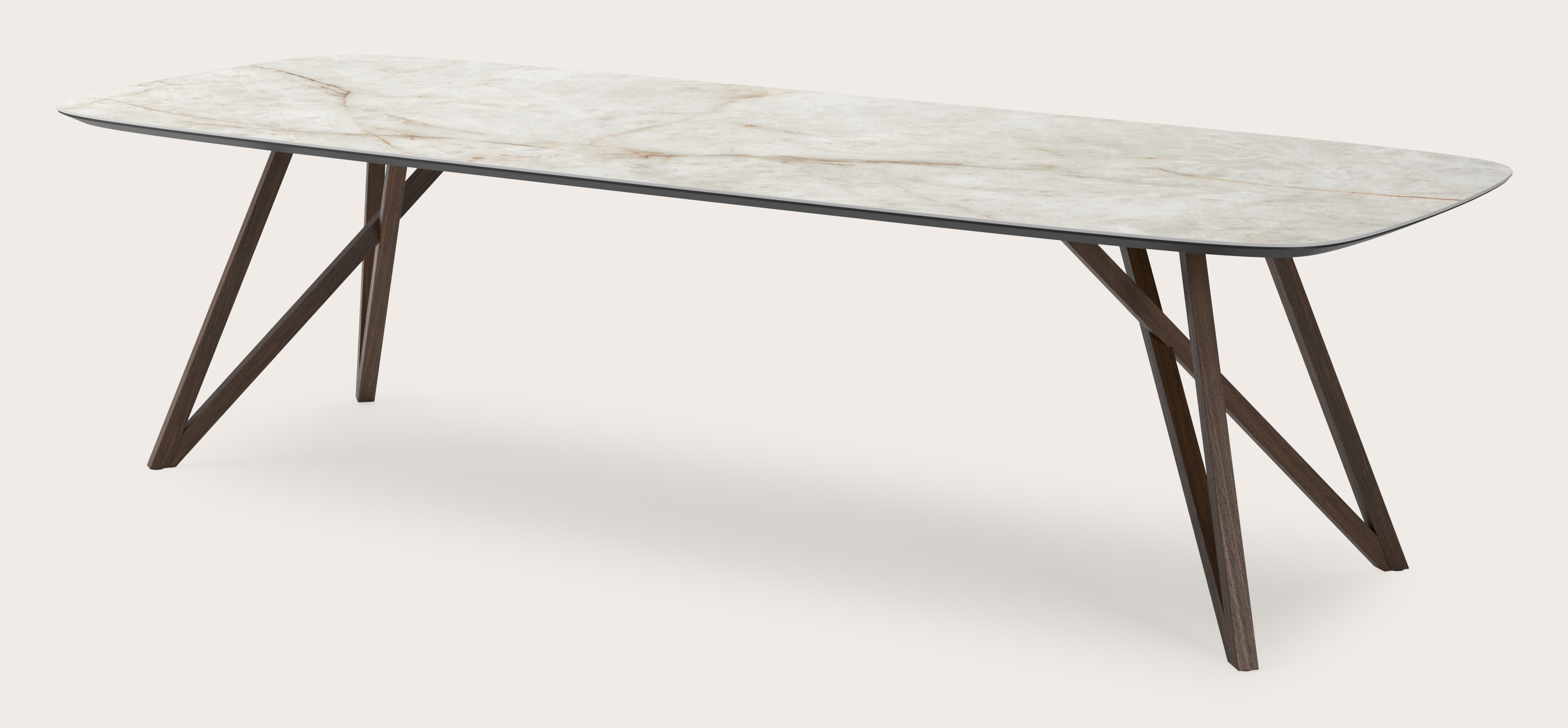 Table de salle à manger Ragno armature en chêne fumé avec plateau Ceramo forme arrondie en céramique en couleur Himalaya 300 x 115 x 77 cm