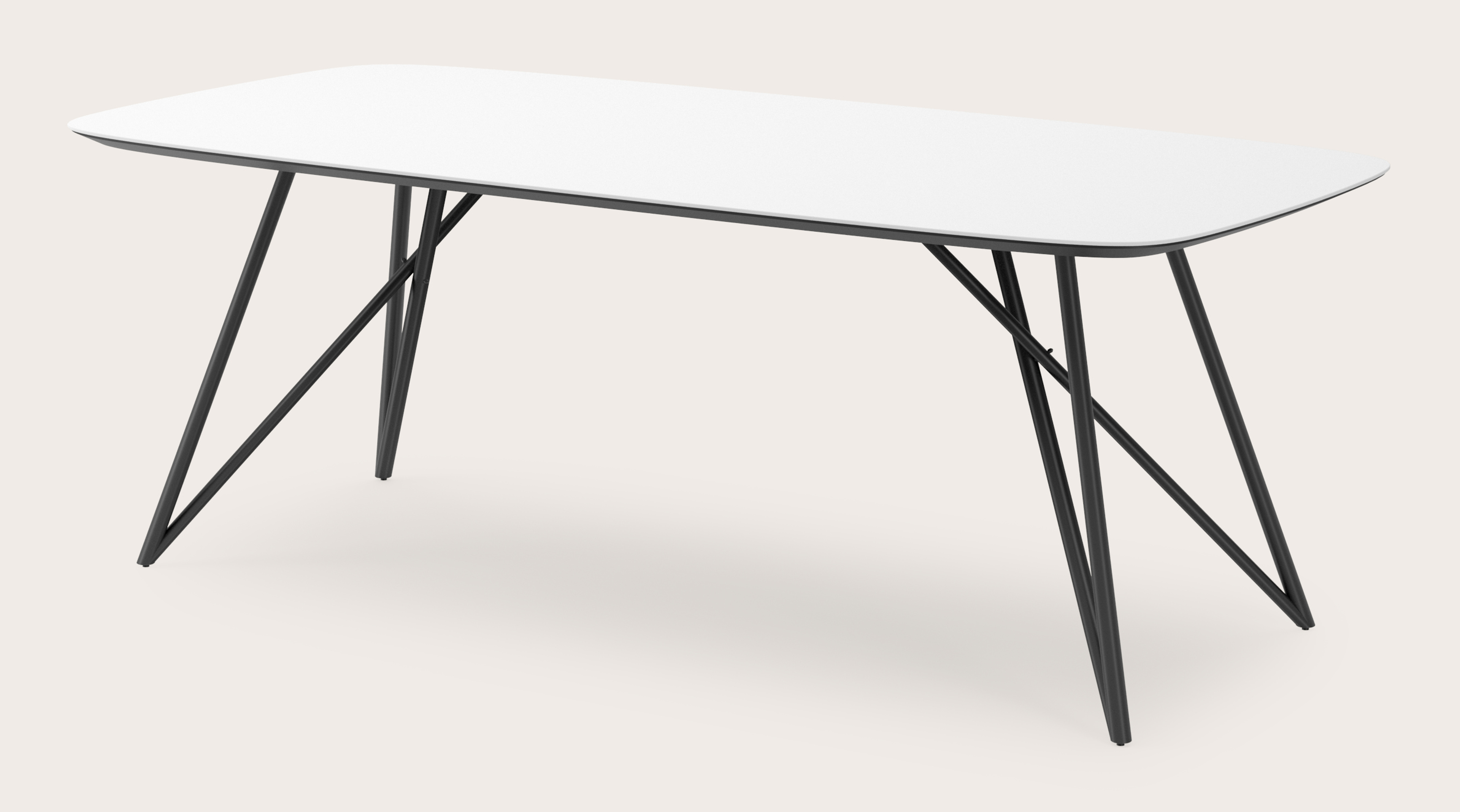 Eettafel Ragno onderstel in zwart metaal met bootvormig volkeramisch Ceramo blad in kleur Arctic White 220 x 105 x 77 cm