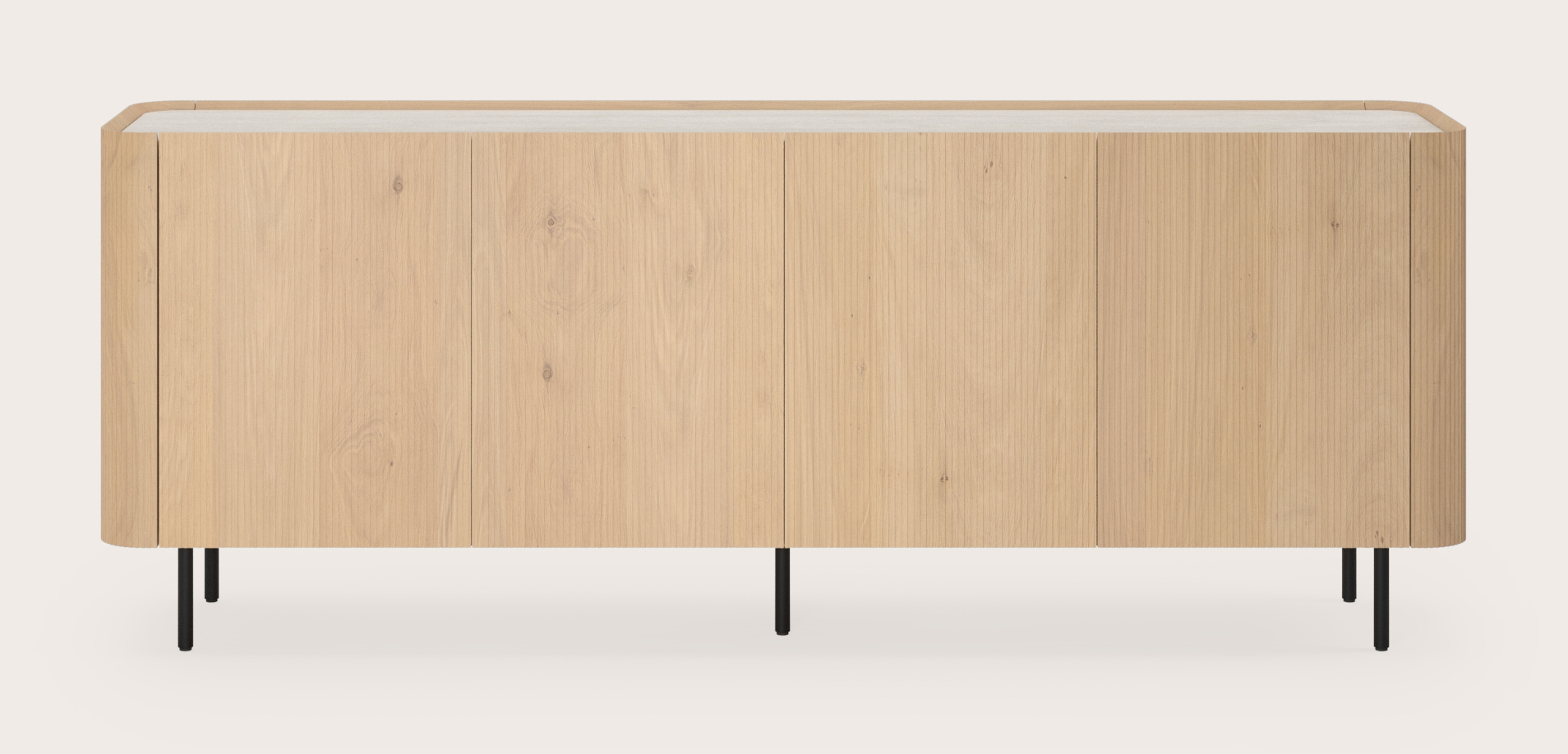 Grivato dressoir in natuurkleurige eik met ronde poten met volkeramisch Ceramo blad in kleur Travertino Bianco 219 x 45 cm