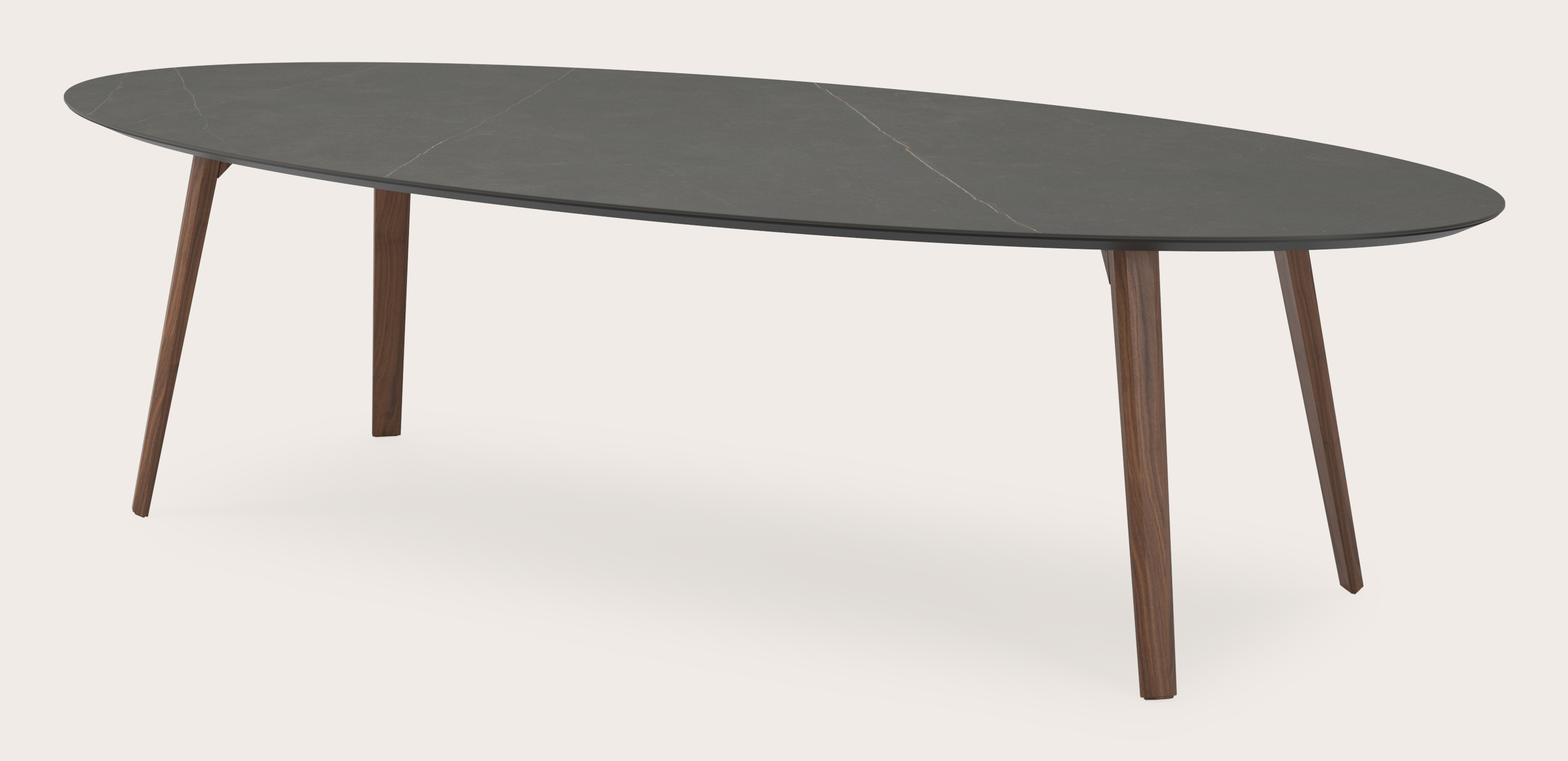 Eettafel Clino onderstel in walnoot met ovaal volkeramisch Ceramo blad in kleur Calatorao 300 x 140 x 77 cm