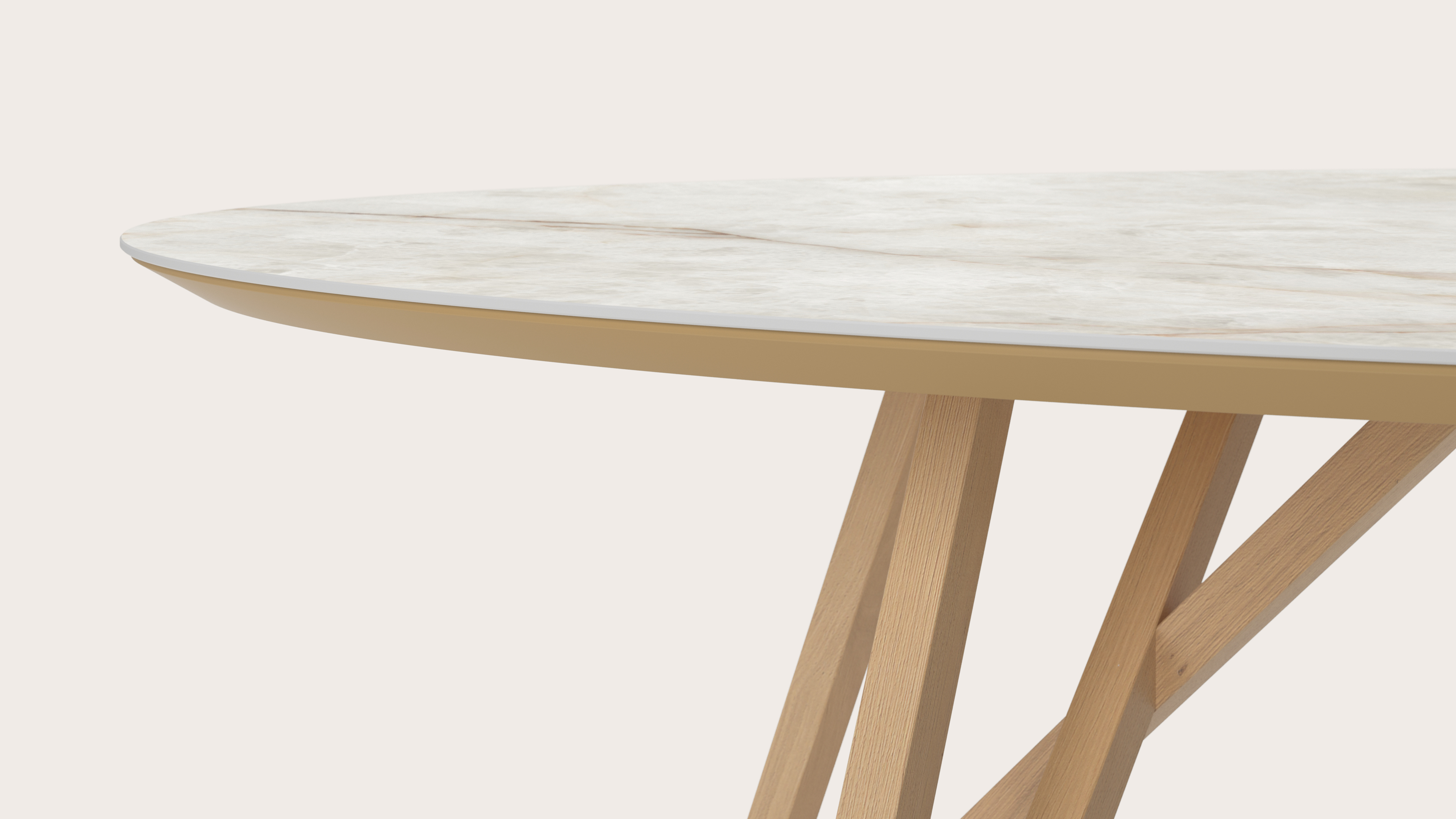 Eettafel Ragno onderstel in natuurkleurige eik met ovaal volkeramisch Ceramo blad in kleur Himalaya 260 x 130 x 77 cm