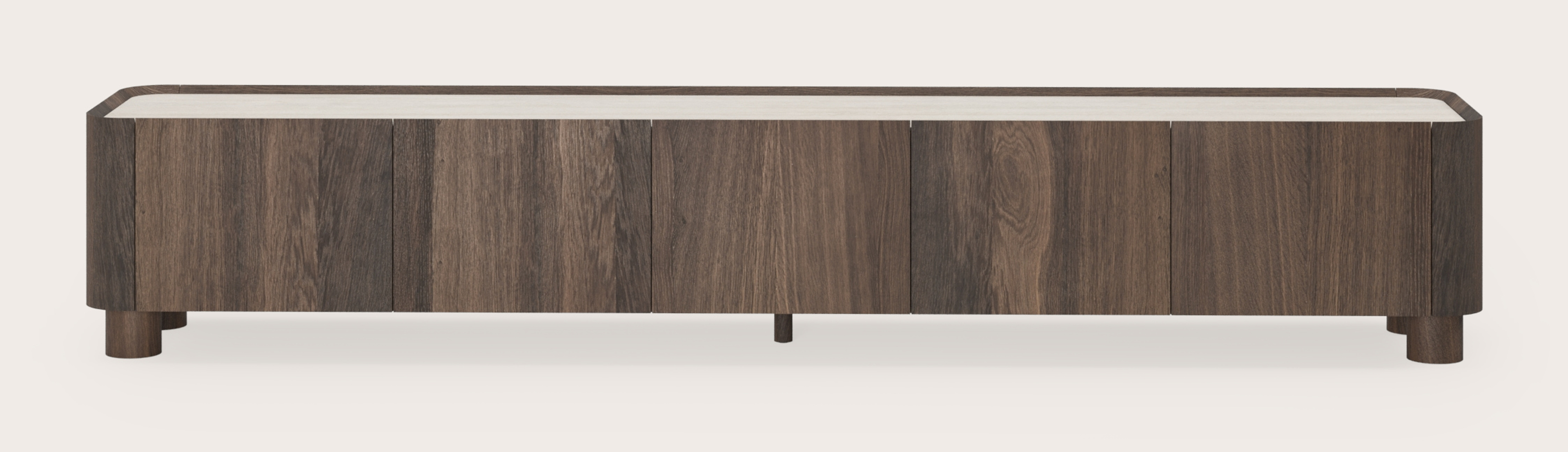 Meuble tv Curvato en chêne fumé avec pieds ronds en bois avec plateau Ceramo en céramique en couleur Travertino Bianco 249 x 45 x 44 cm