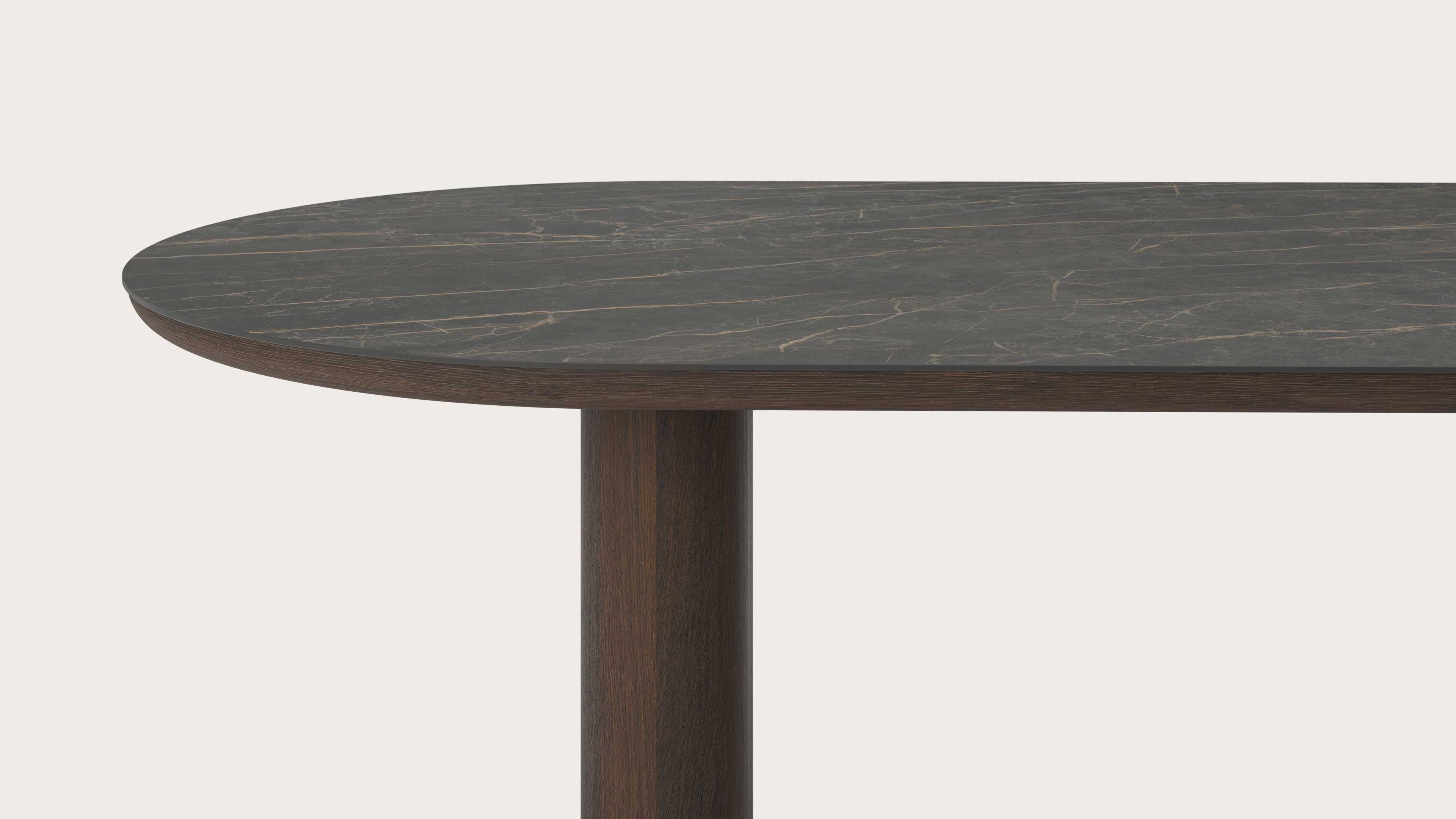Table de salle à manger Amato Rondo armature en chêne fumé avec plateau Ceramo ovale plat en céramique en couleur Black Obsession 260 x 115 x 76 cm