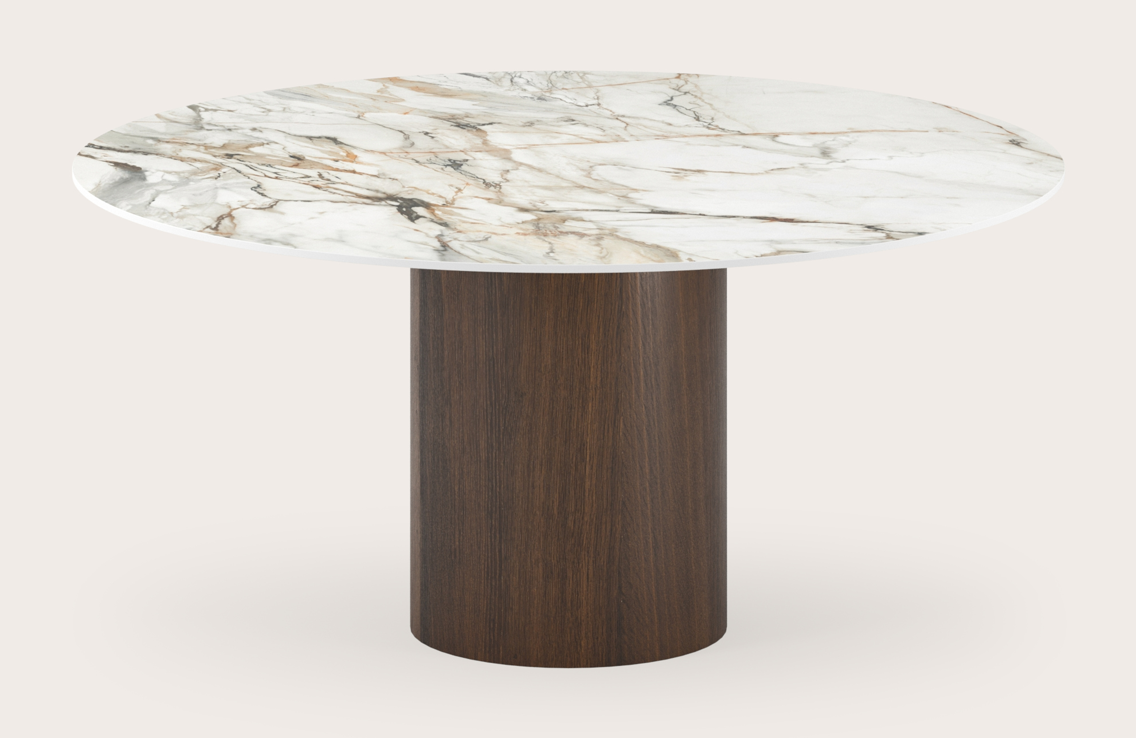 Eettafel low dining Amato Rondo onderstel in gerookte eik met rond volkeramisch Ceramo Lux blad in kleur Calacatta Luxe Ø150 x 69 cm
