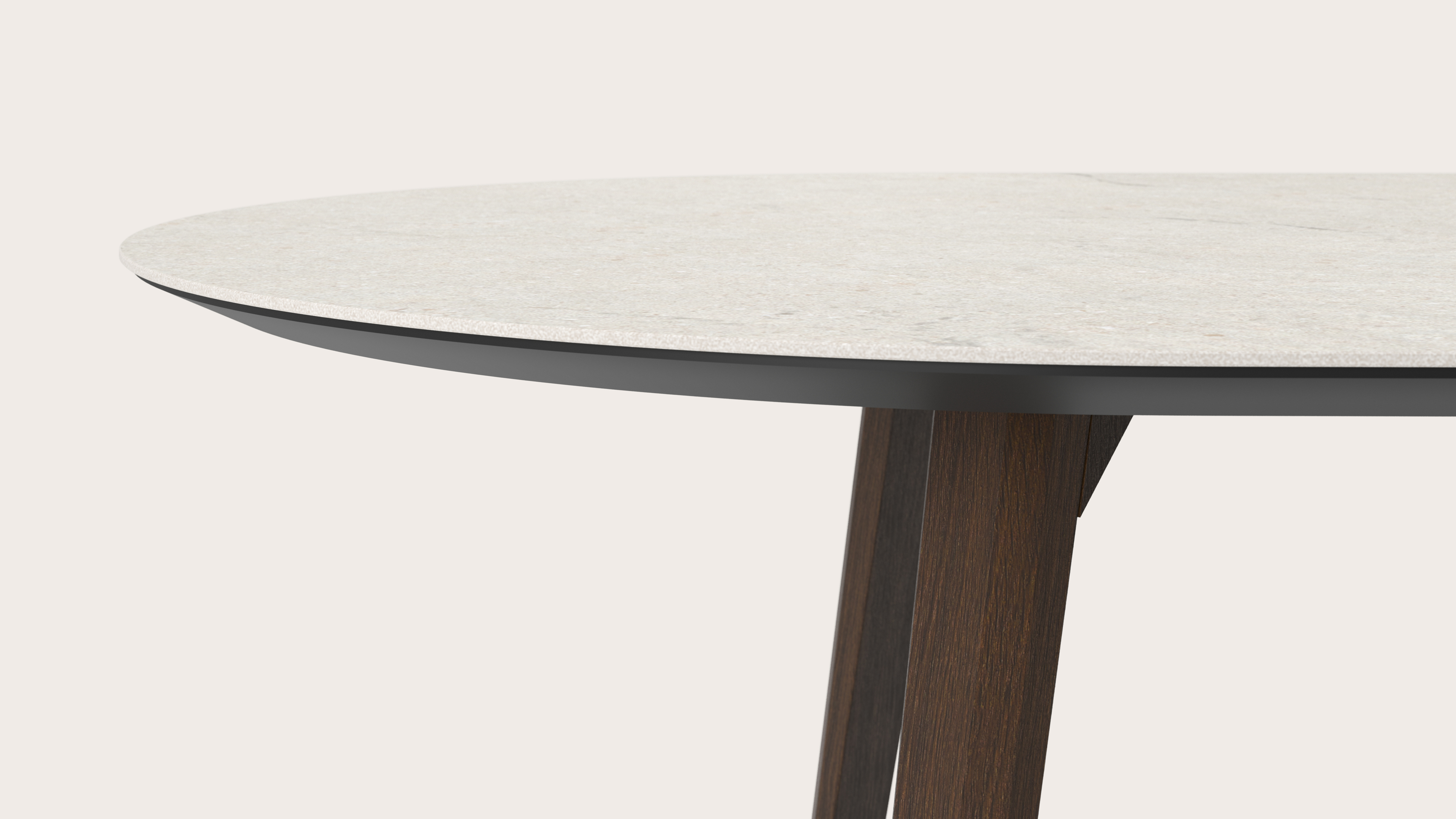 Eettafel Clino onderstel in gerookte eik met plat ovaal volkeramisch Ceramo blad in kleur Shilin 260 x 115 x 77 cm