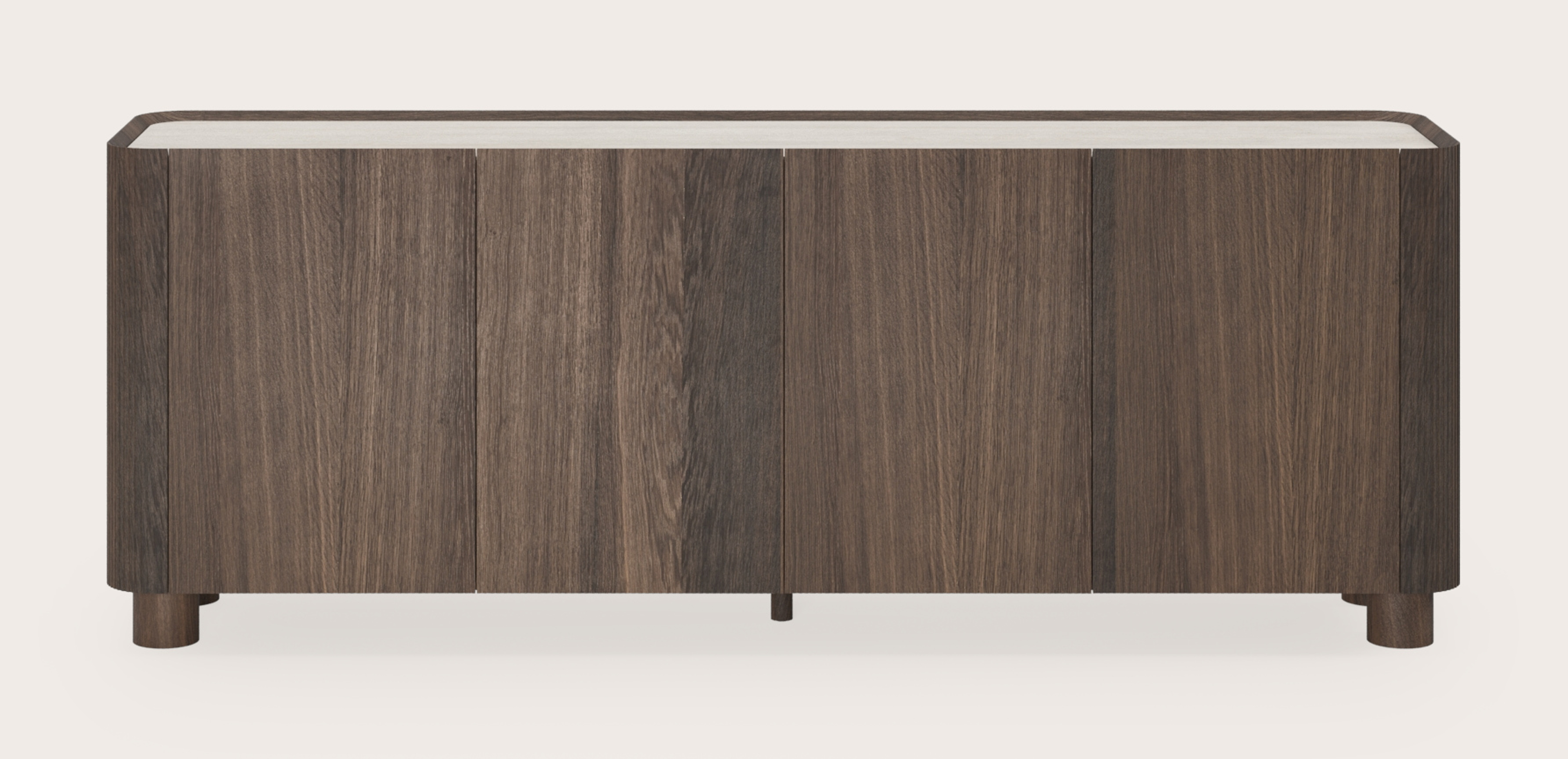 Grivato dressoir in gerookte eik met ronde poten met volkeramisch Ceramo blad in kleur Travertino Bianco 203 x 45 cm