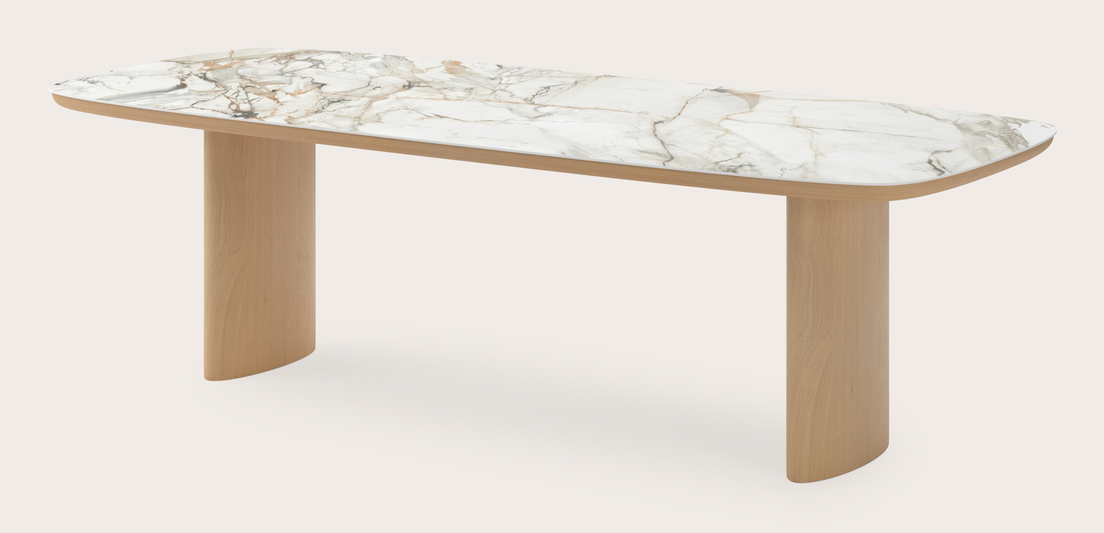 Eettafel Amato Ellipso onderstel in natuurkleurige eik met bootvormig volkeramisch Ceramo blad in kleur Calacatta 260 x 110 x 76 cm