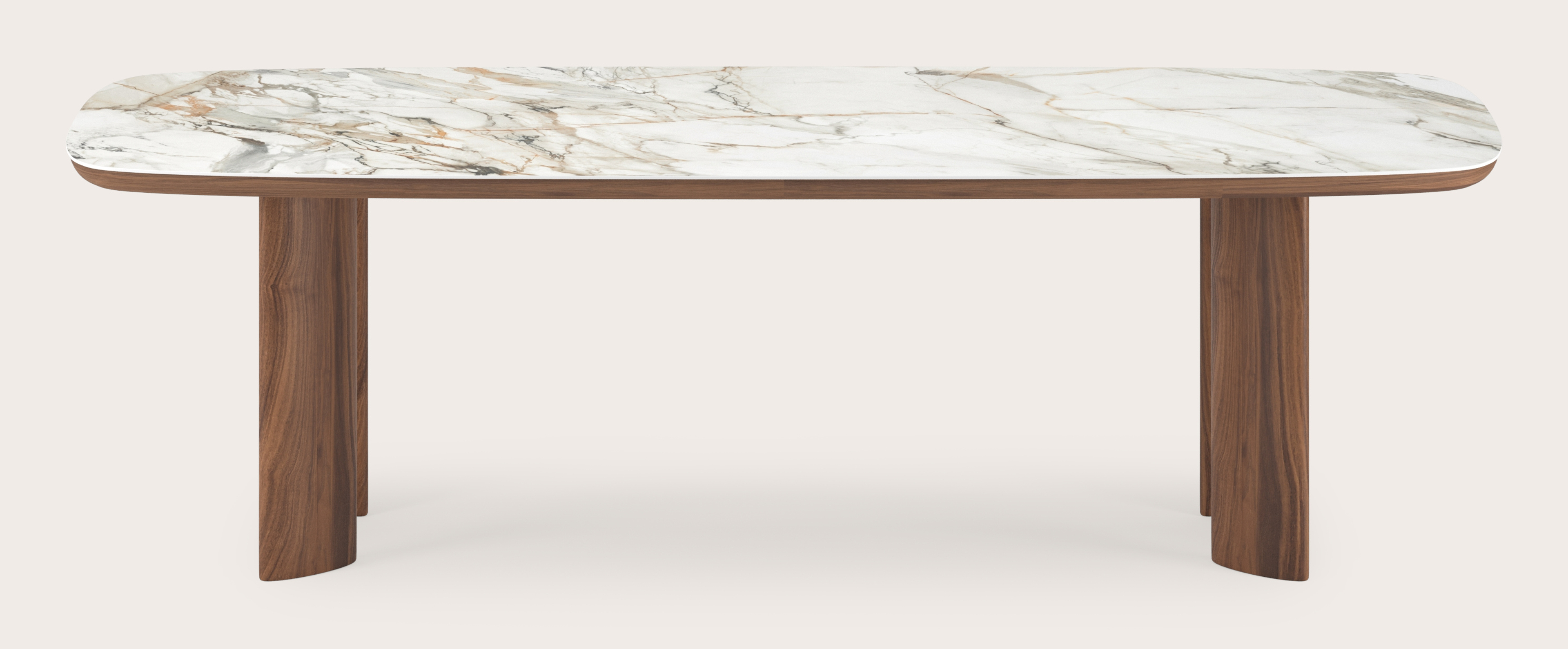 Table de salle à manger Amato Ellipso armature en noyer avec plateau Ceramo forme arrondie en céramique en couleur Calacatta Luxe 260 x 110 x 76 cm