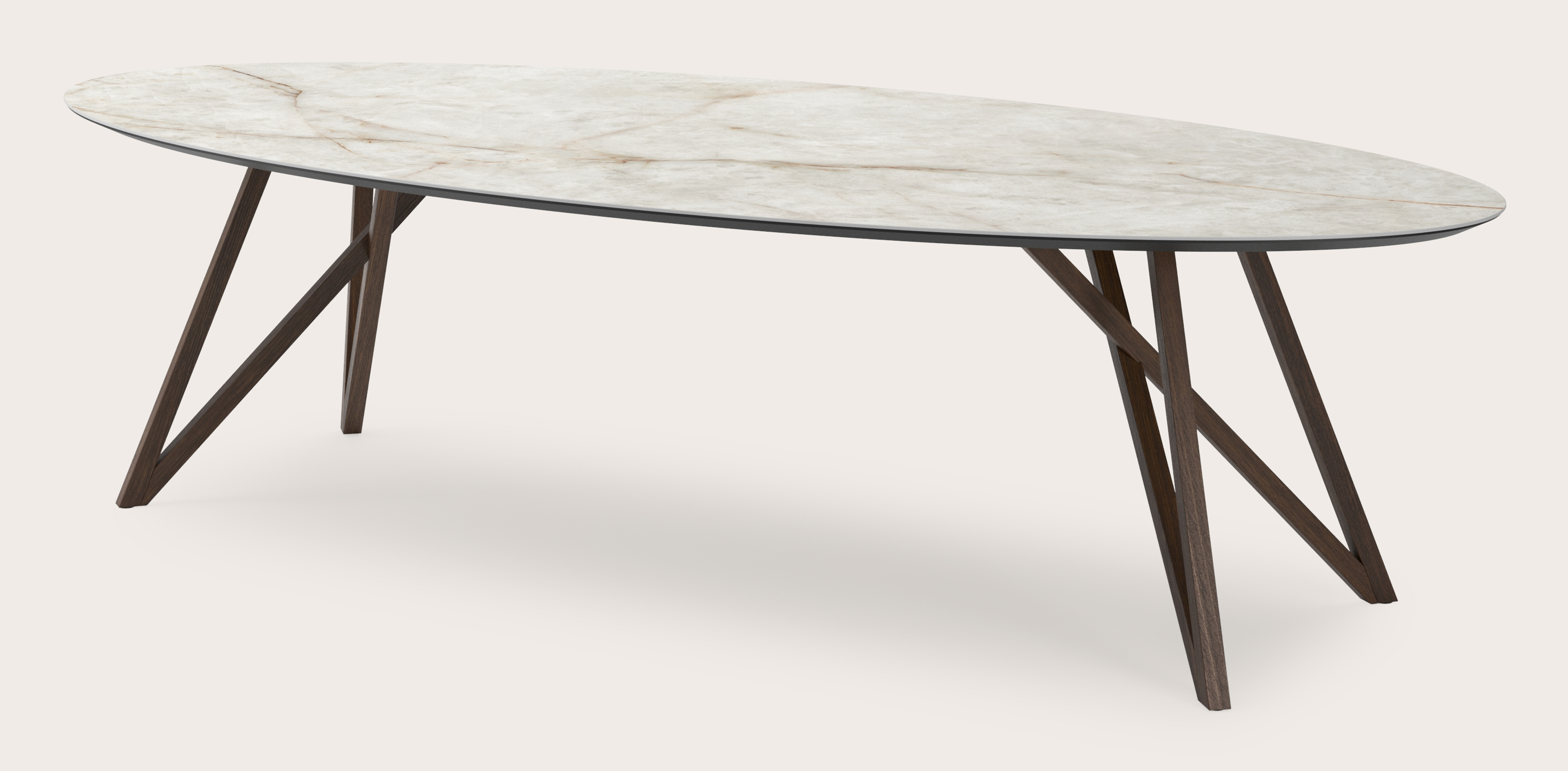 Table de salle à manger Ragno armature en chêne fumé avec plateau Ceramo ovale en céramique en couleur Himalaya 300 x 140 x 77 cm