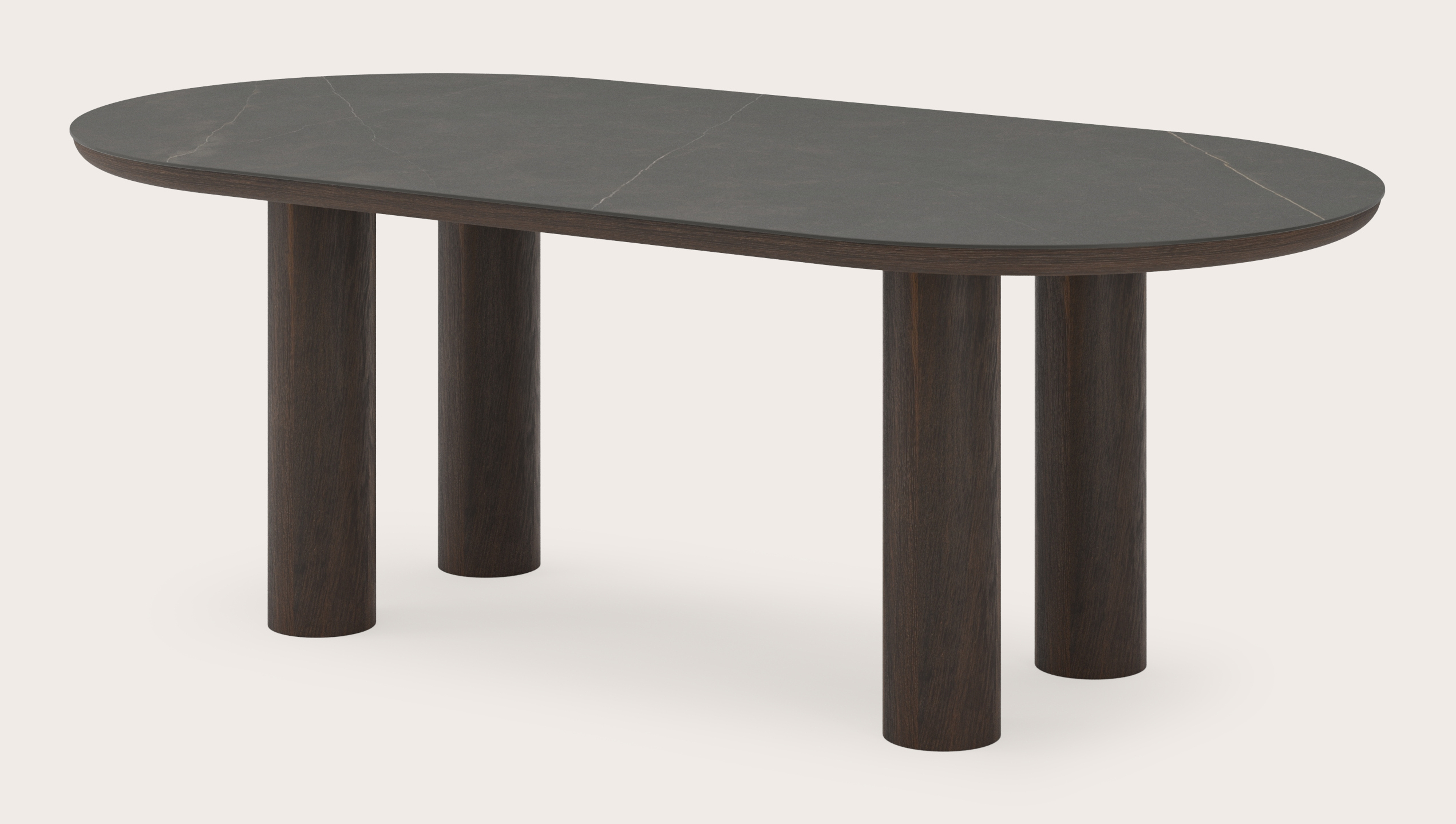 Table de salle à manger Amato Rondo armature en chêne fumé avec plateau Ceramo ovale plat en céramique en couleur Calatorao 220 x 110 x 76 cm