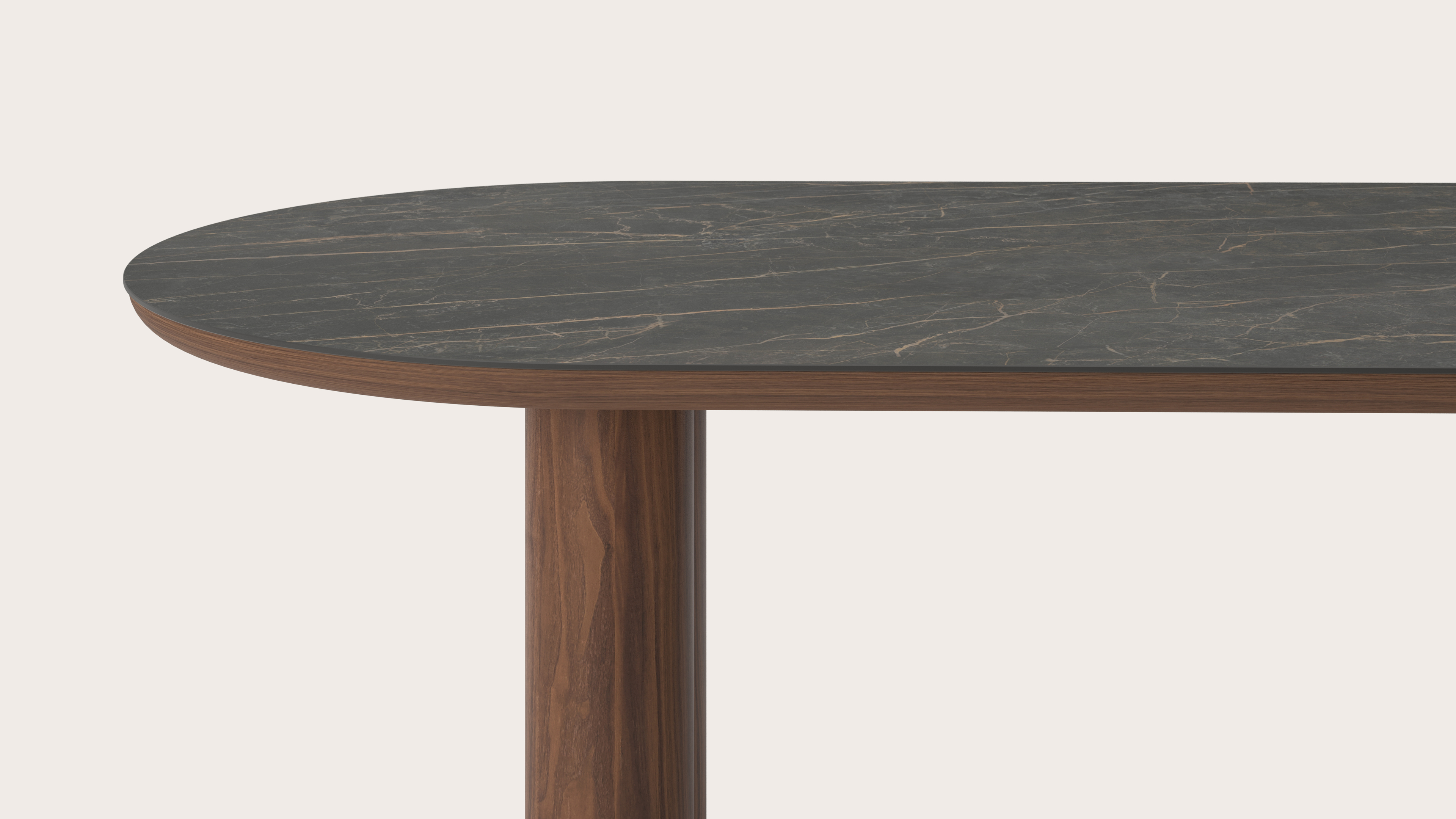 Eettafel Amato Rondo onderstel in walnoot met plat ovaal volkeramisch Ceramo blad in kleur Black Obsession 220 x 110 x 76 cm