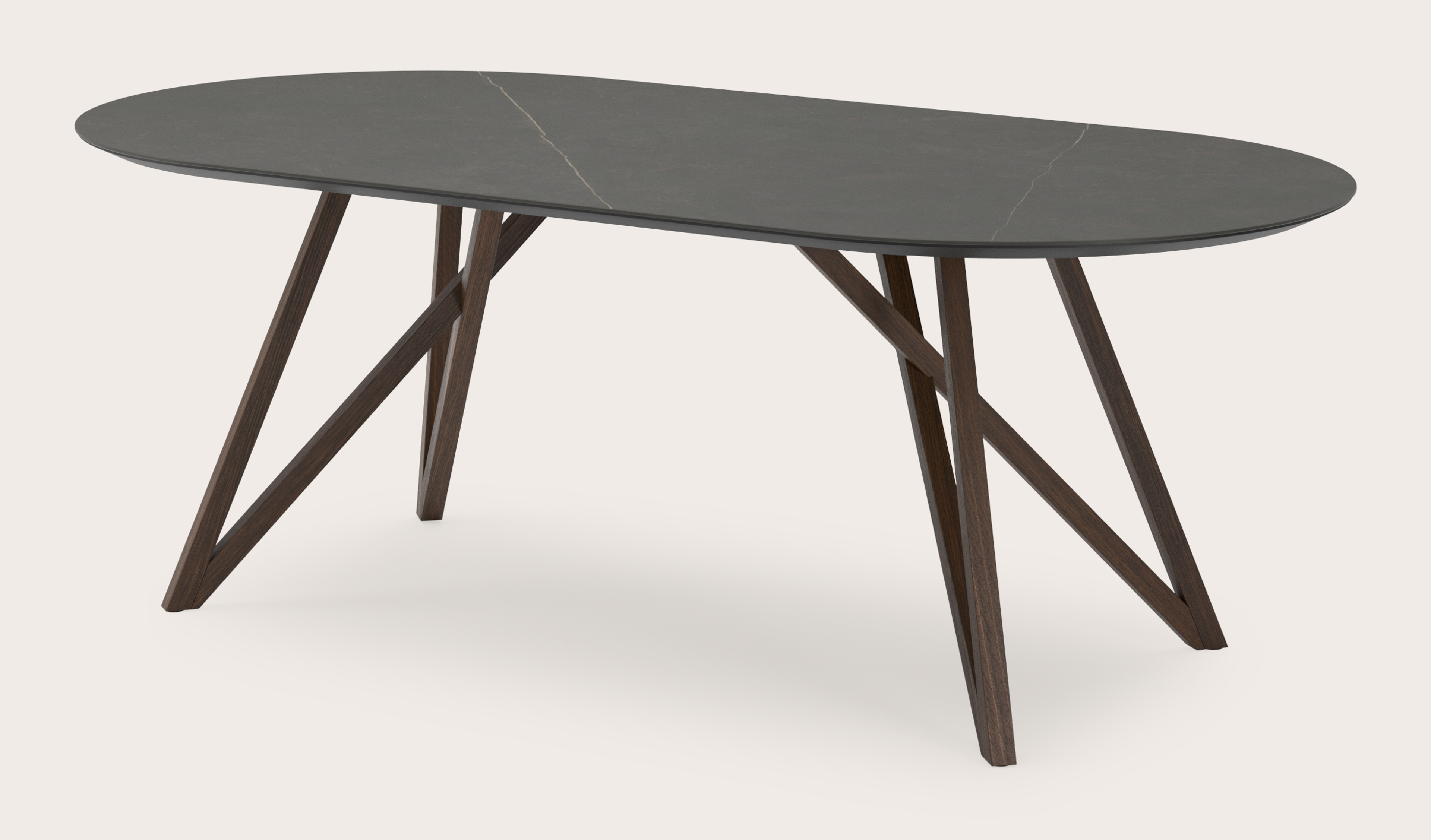 Eettafel Ragno onderstel in gerookte eik met plat ovaal volkeramisch Ceramo blad in kleur Calatorao 220 x 110 x 77 cm