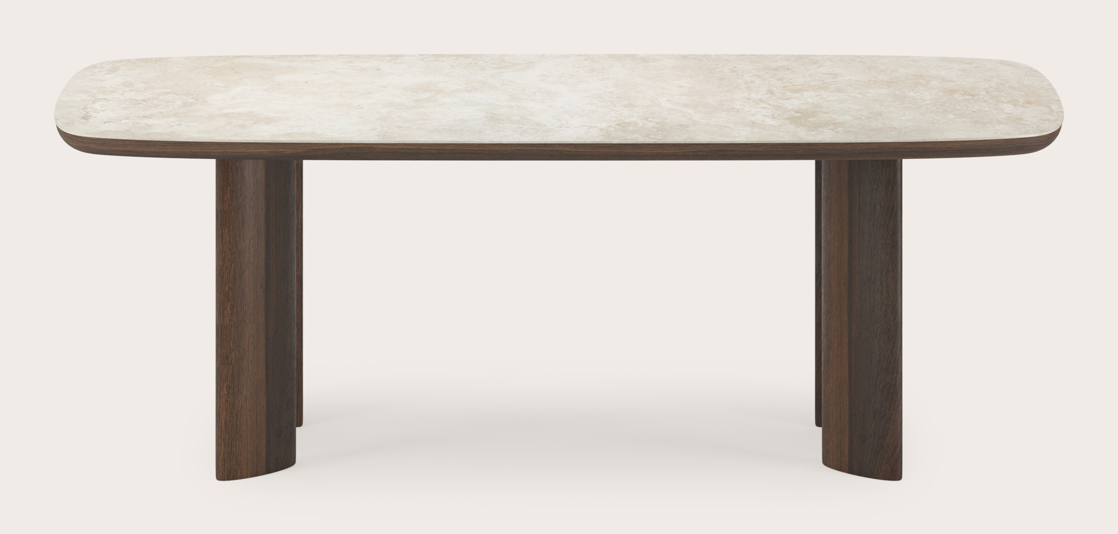 Eettafel Amato Ellipso onderstel in gerookte eik met bootvormig volkeramisch Ceramo blad in kleur Rapolano 220 x 105 x 76 cm