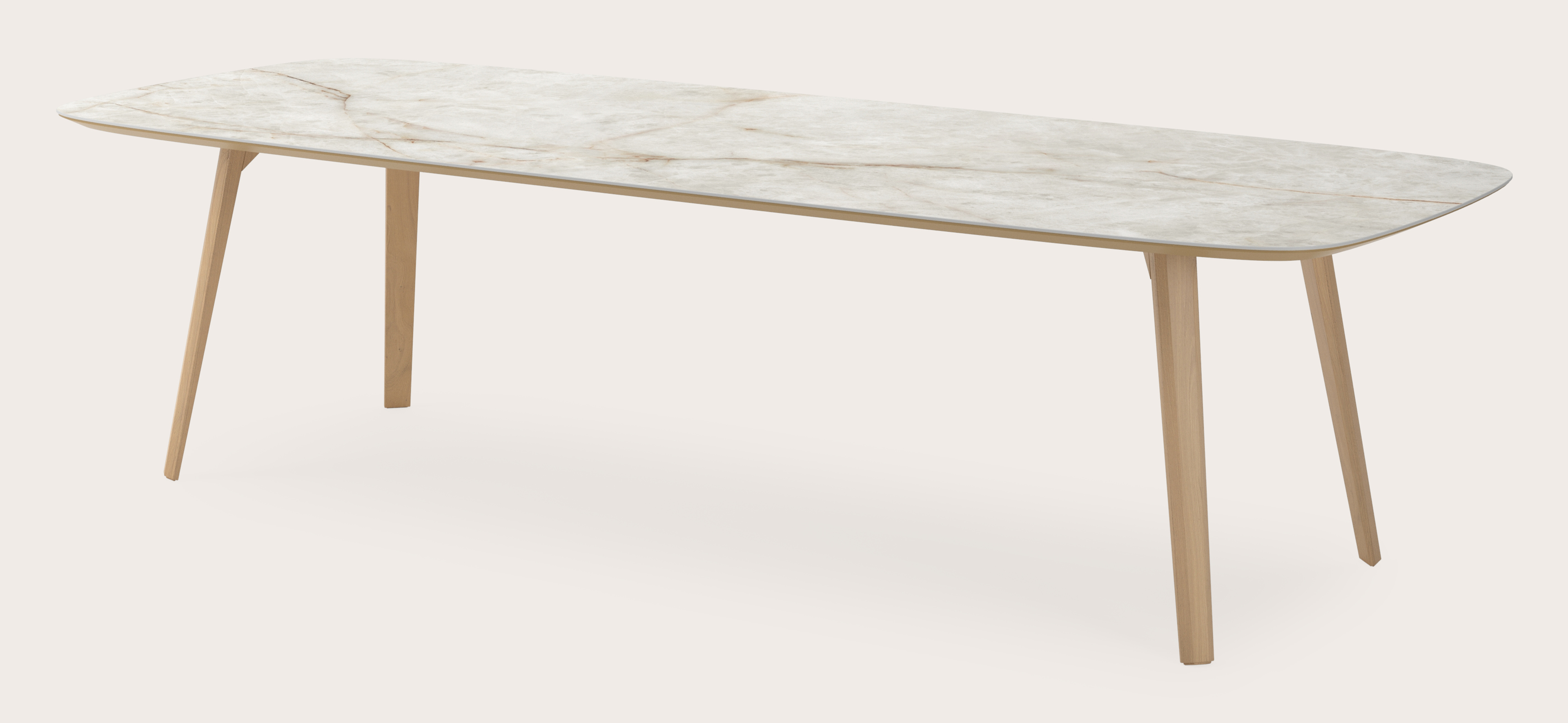 Eettafel Clino onderstel in natuurkleurige eik met bootvormig volkeramisch Ceramo blad in kleur Himalaya 300 x 115 x 77 cm