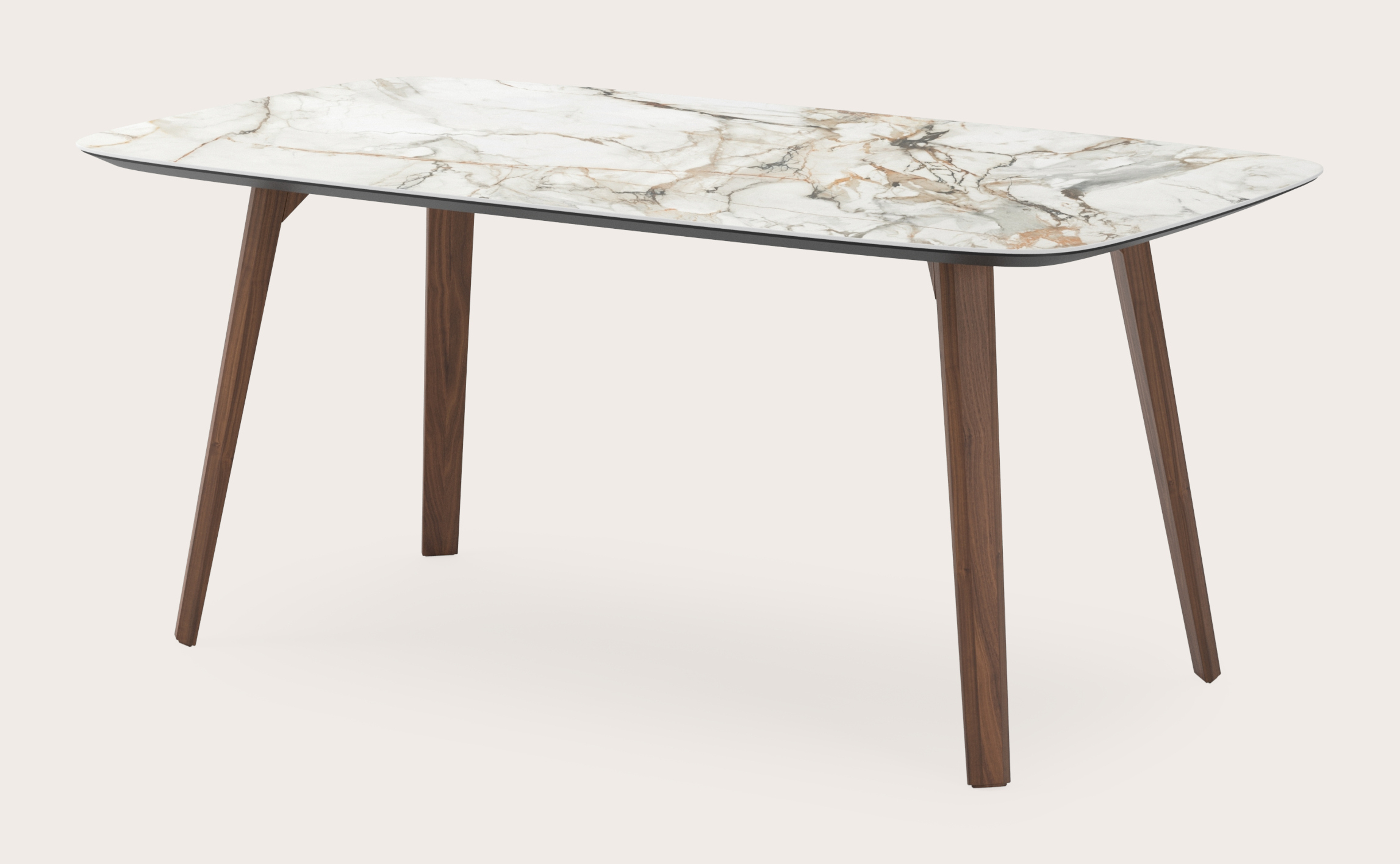 Eettafel Clino onderstel in walnoot met bootvormig volkeramisch Ceramo blad in kleur Calacatta Luxe 180 x 100 x 77 cm