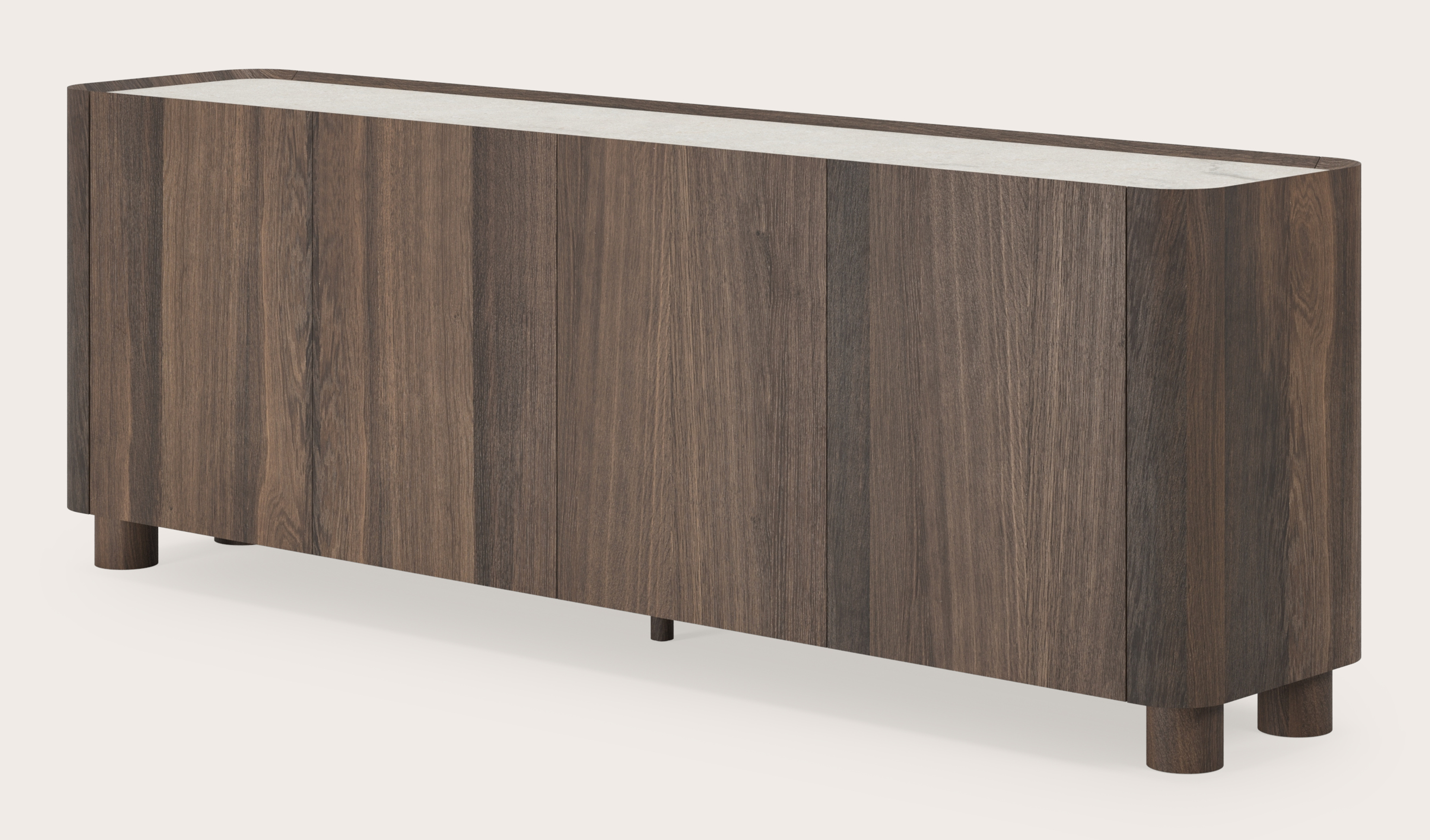 Curvato dressoir in gerookte eik met ronde houten poten met volkeramisch Ceramo blad in kleur Shilin 219 x 45 x 76 cm