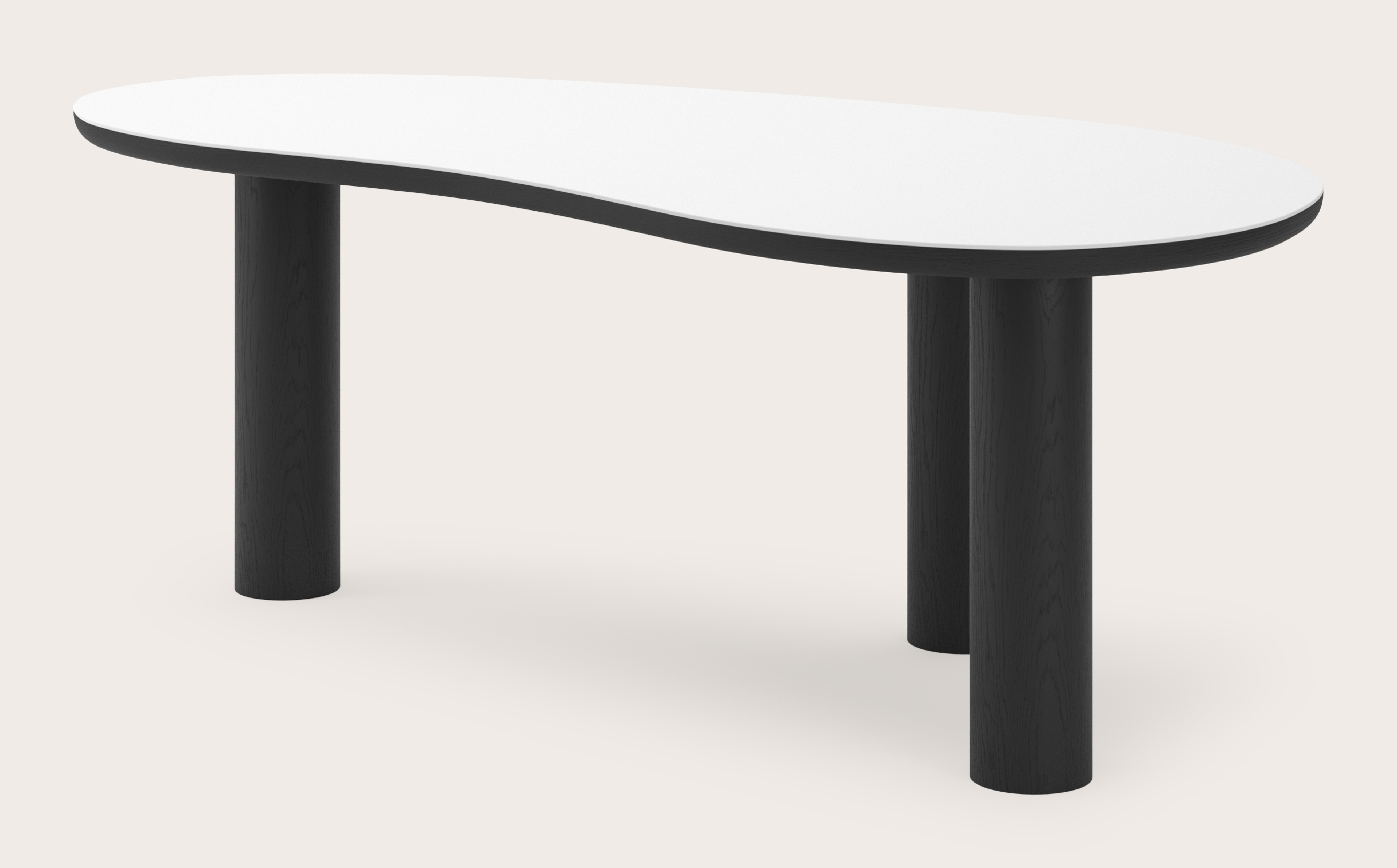 Eettafel Amato Rondo onderstel in zwarte eik met Blobvormig volkeramisch Ceramo blad in kleur Arctic White 220 x 112 x 77 cm