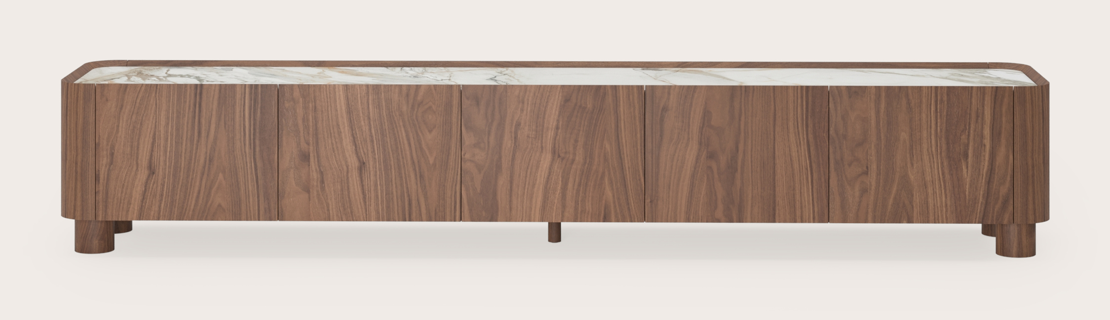 Meuble tv Curvato en noyer avec pieds ronds en bois avec plateau Ceramo en céramique en couleur Calacatta Luxe 249 x 45 x 44 cm