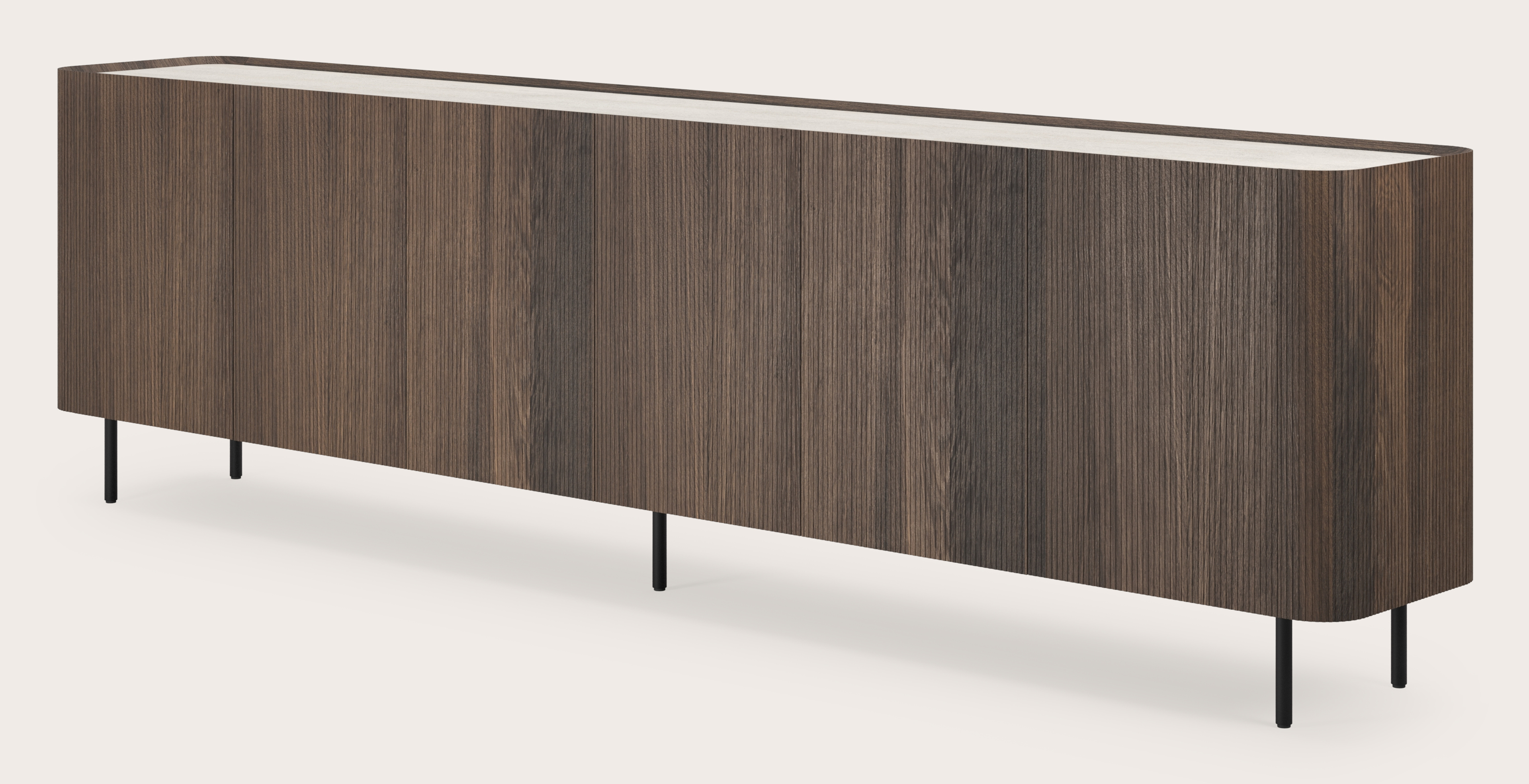 Buffet Grivato en chêne fumé avec pieds ronds avec plateau Ceramo rond en céramique en couleur Travertino Bianco 294 x 45 cm