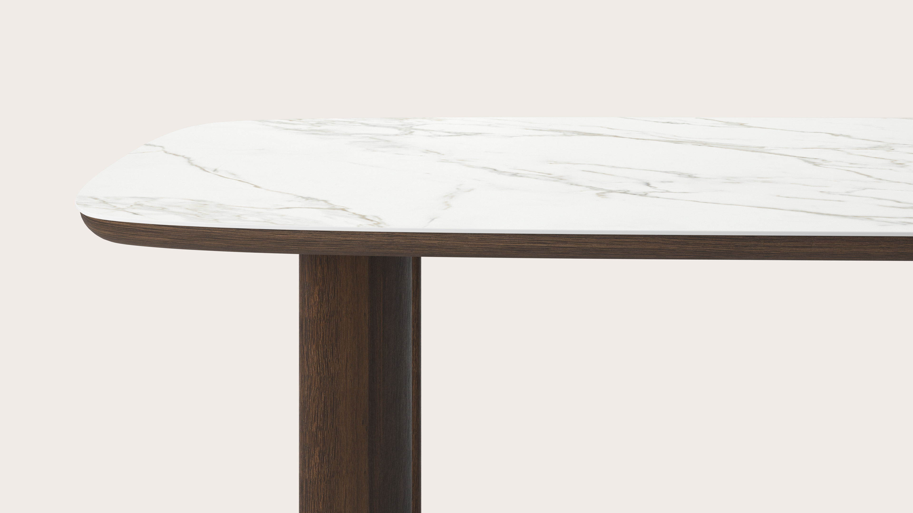 Eettafel Amato Ellipso onderstel in gerookte eik met bootvormig volkeramisch Ceramo blad in kleur Calacatta 260 x 110 x 76 cm