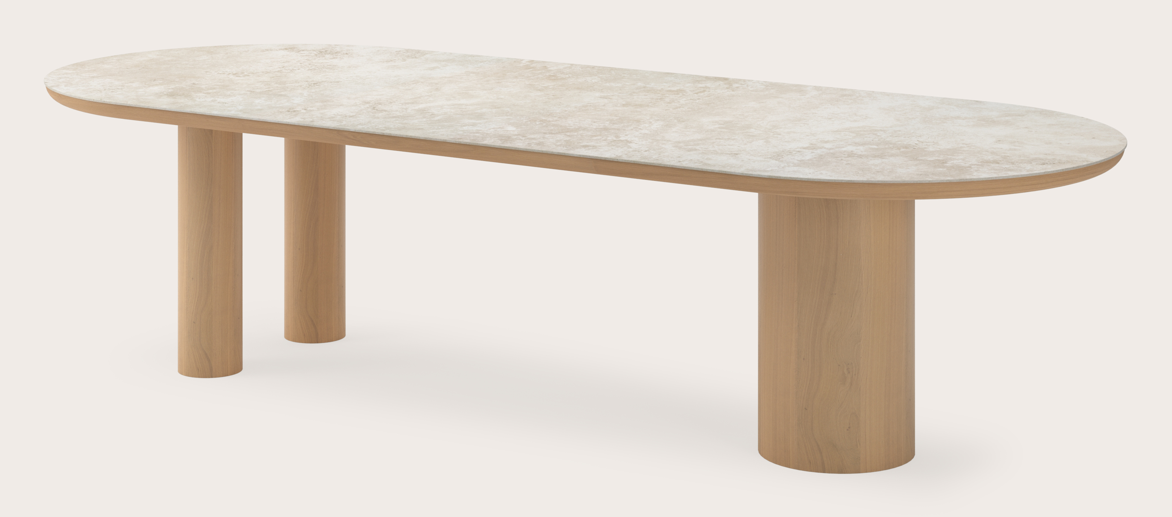 Eettafel Amato Rondo onderstel in natuurkleurige eik met plat ovaal volkeramisch Ceramo blad in kleur Rapolano 300 x 120 x 76 cm