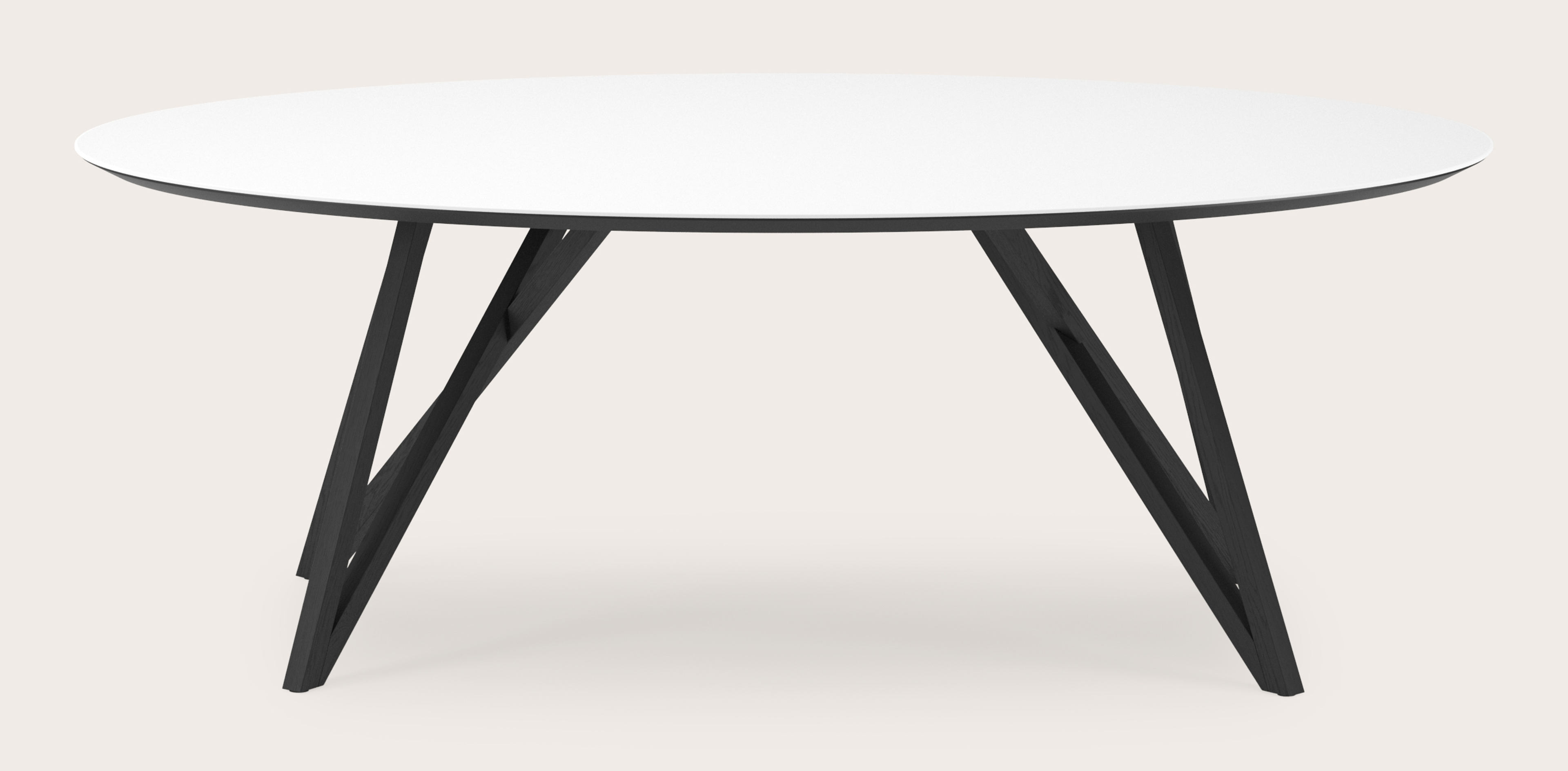 Eettafel Ragno onderstel in zwarte eik met ovaal volkeramisch Ceramo blad in kleur Arctic White 220 x 120 x 77 cm