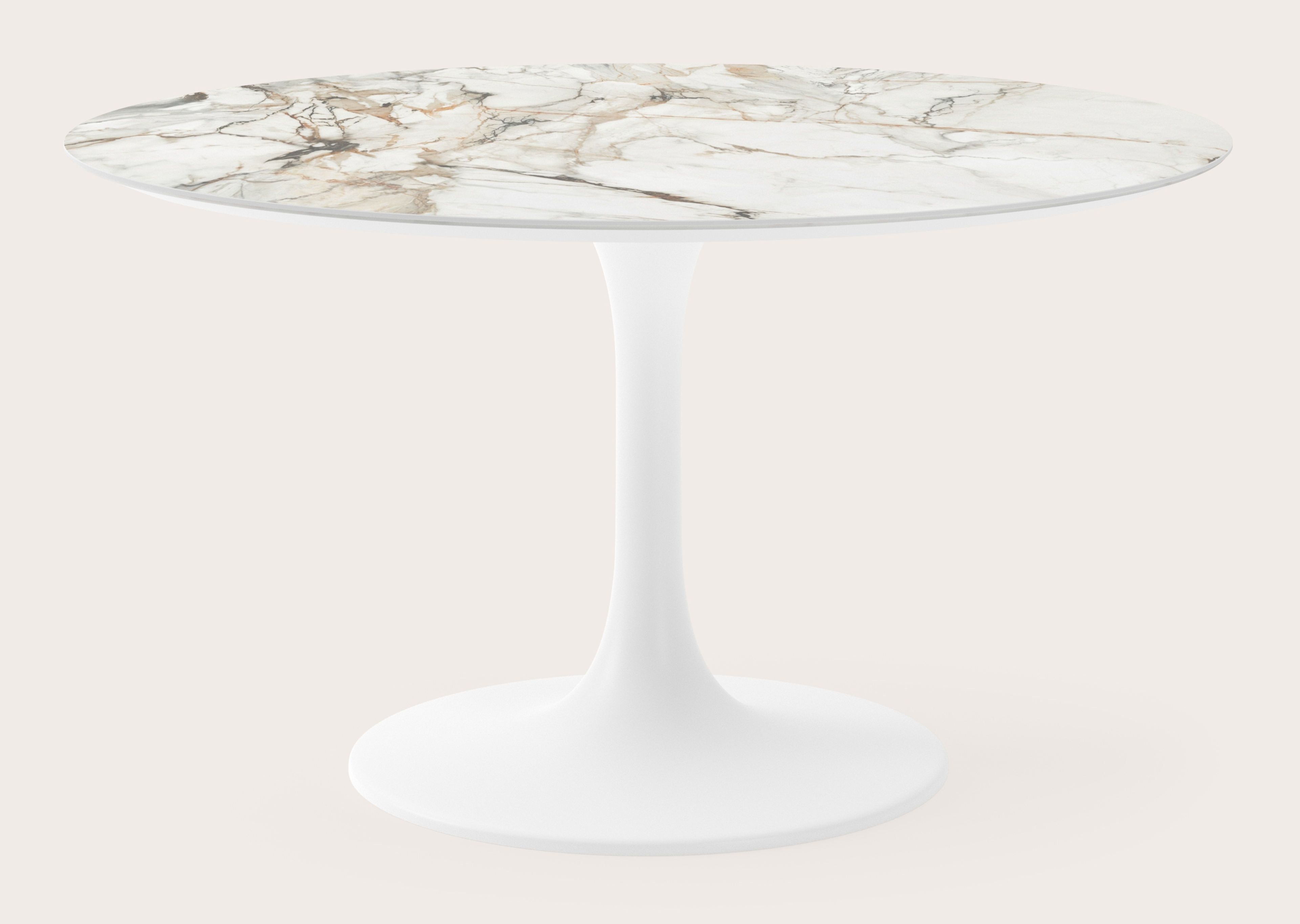 Table de salle à manger Tulipo armature en métal blanc avec plateau Ceramo rond en céramique en couleur Calacatta Luxe Ø140 x 77 cm