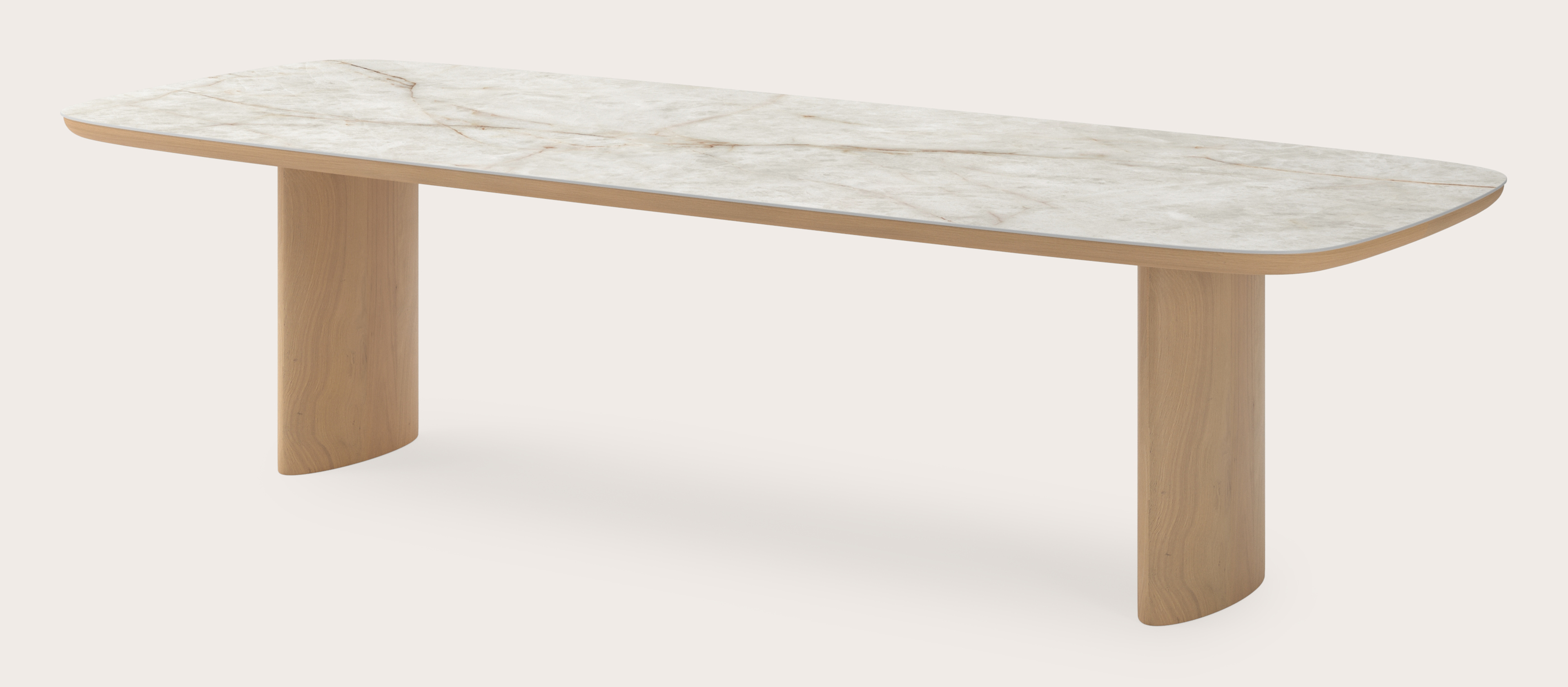 Eettafel Amato Ellipso onderstel in natuurkleurige eik met bootvormig volkeramisch Ceramo blad in kleur Himalaya 300 x 115 x 76 cm