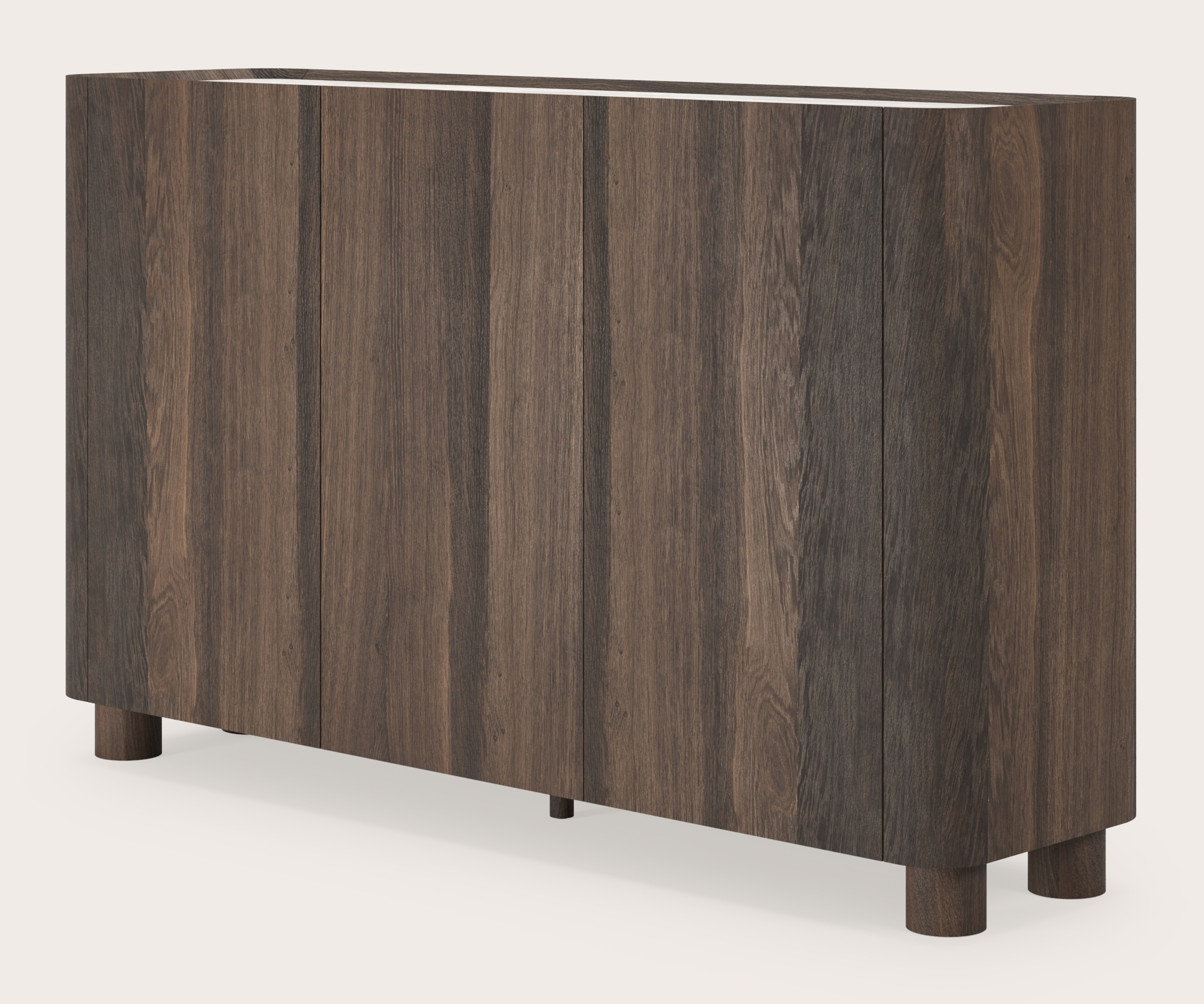 Curvato hoge dressoir in gerookte eik met ronde houten poten met volkeramisch Ceramo blad in kleur Taj Mahal 169 x 45 x 102 cm