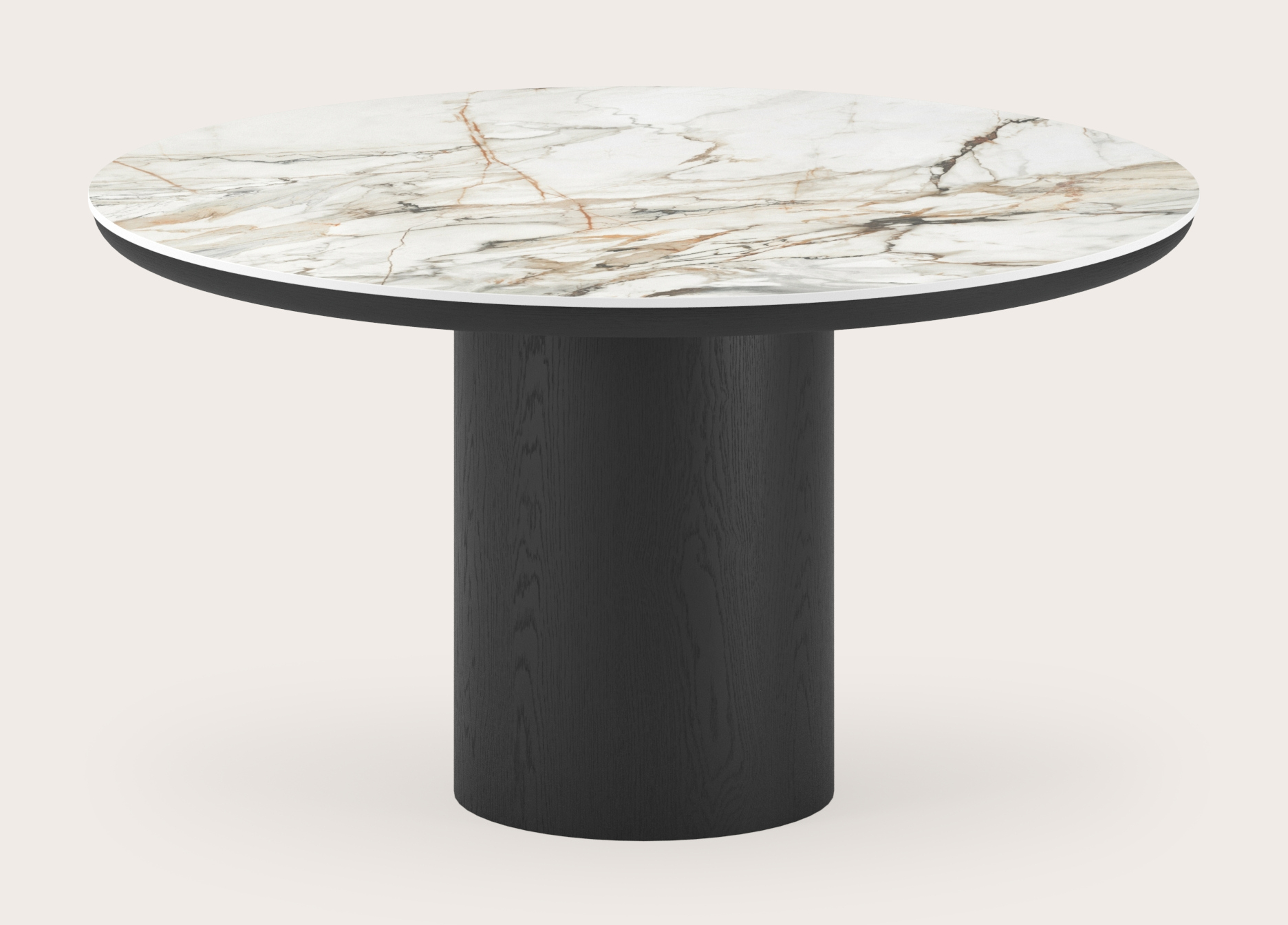 Table de salle à manger Amato Rondo armature en chêne noir avec plateau Ceramo rond en céramique en couleur Calacatta Luxe Ø140 x 76 cm