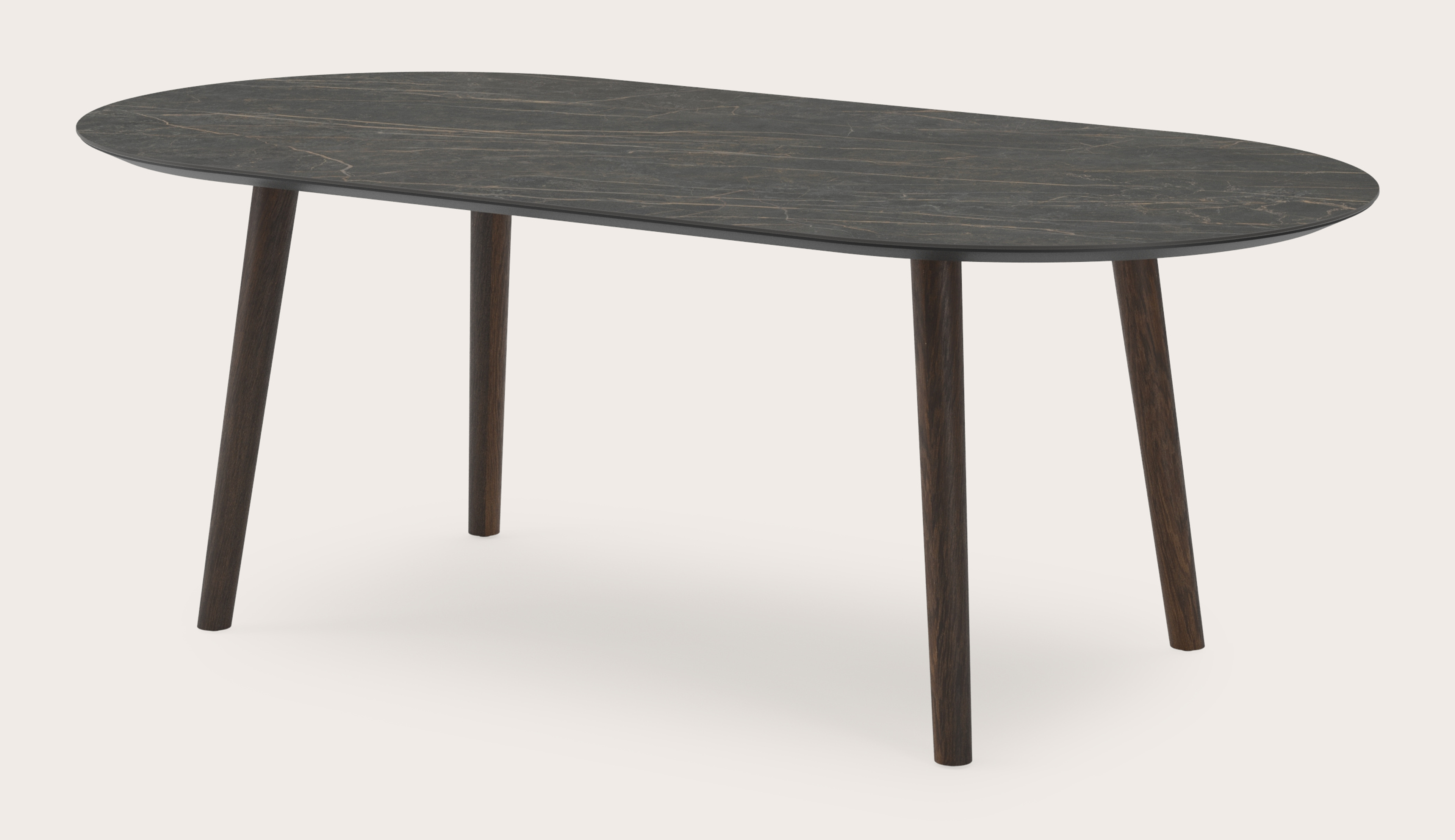 Eettafel Conico onderstel in gerookte eik met plat ovaal volkeramisch Ceramo blad in kleur Black Obsession 220 x 110 x 77 cm