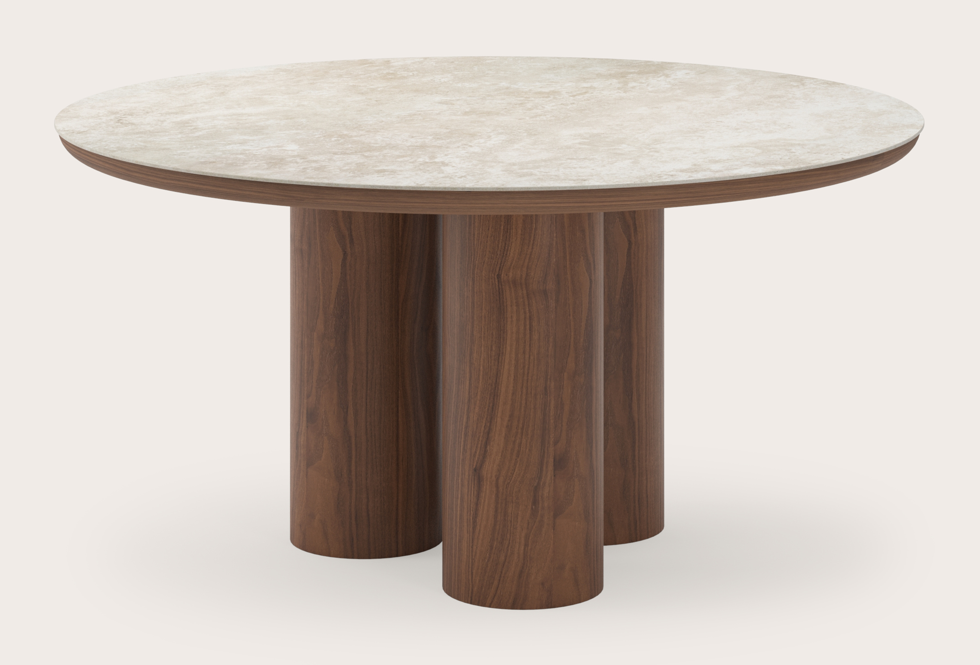 Eettafel Amato Rondo onderstel in walnoot met rond volkeramisch Ceramo blad in kleur Rapolano Ø150 x 76 cm