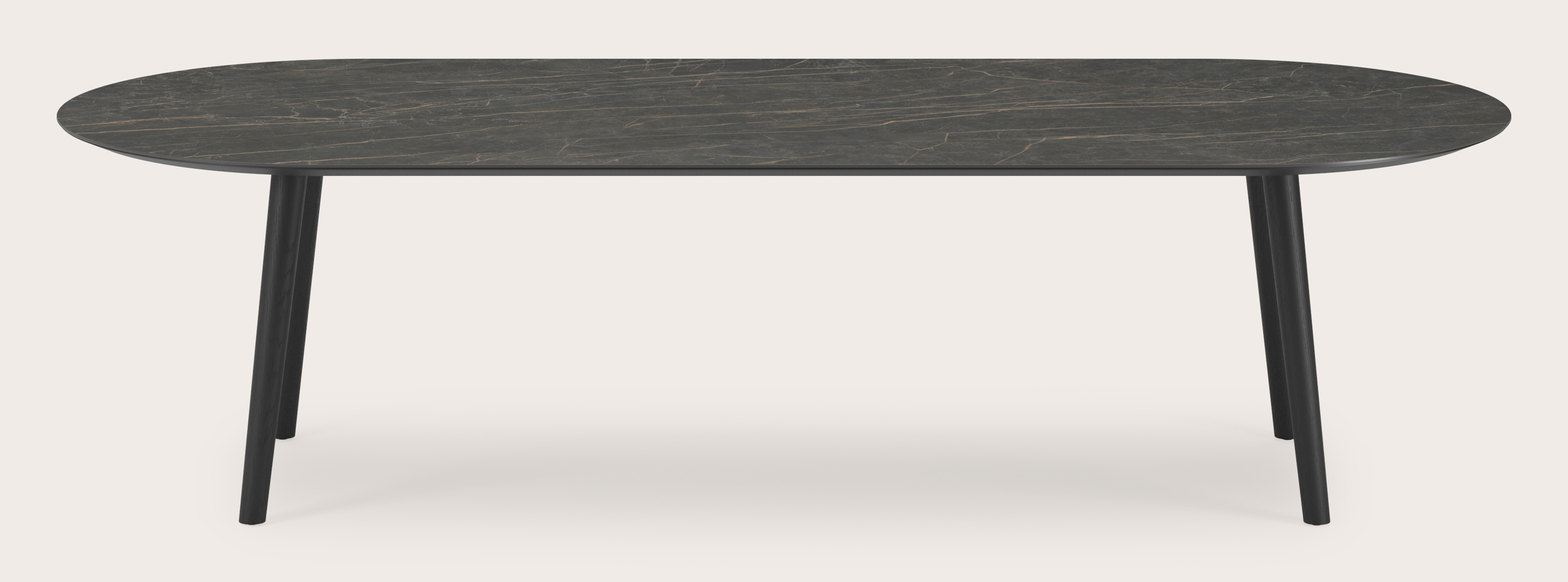 Eettafel Conico onderstel in zwarte eik met plat ovaal volkeramisch Ceramo blad in kleur Black Obsession 300 x 120 x 77 cm