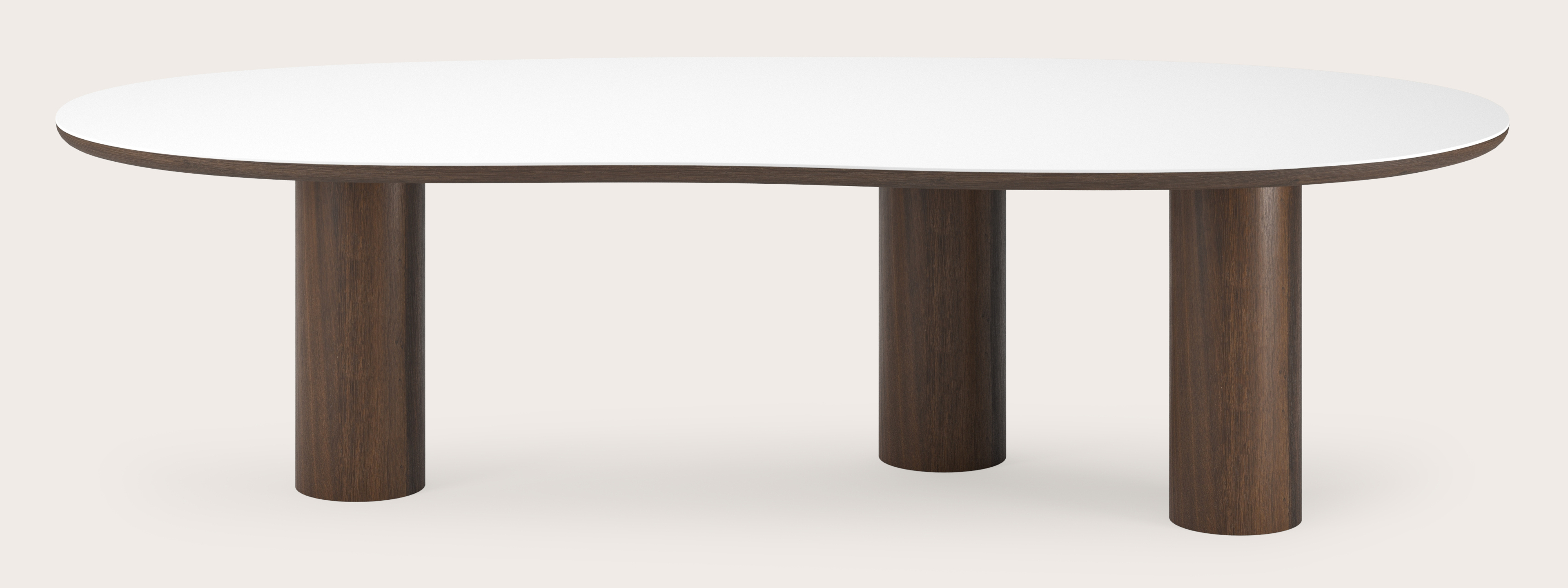 Eettafel Amato Rondo onderstel in gerookte eik met Blobvormig volkeramisch Ceramo blad in kleur Arctic White 300 x 122 x 77 cm