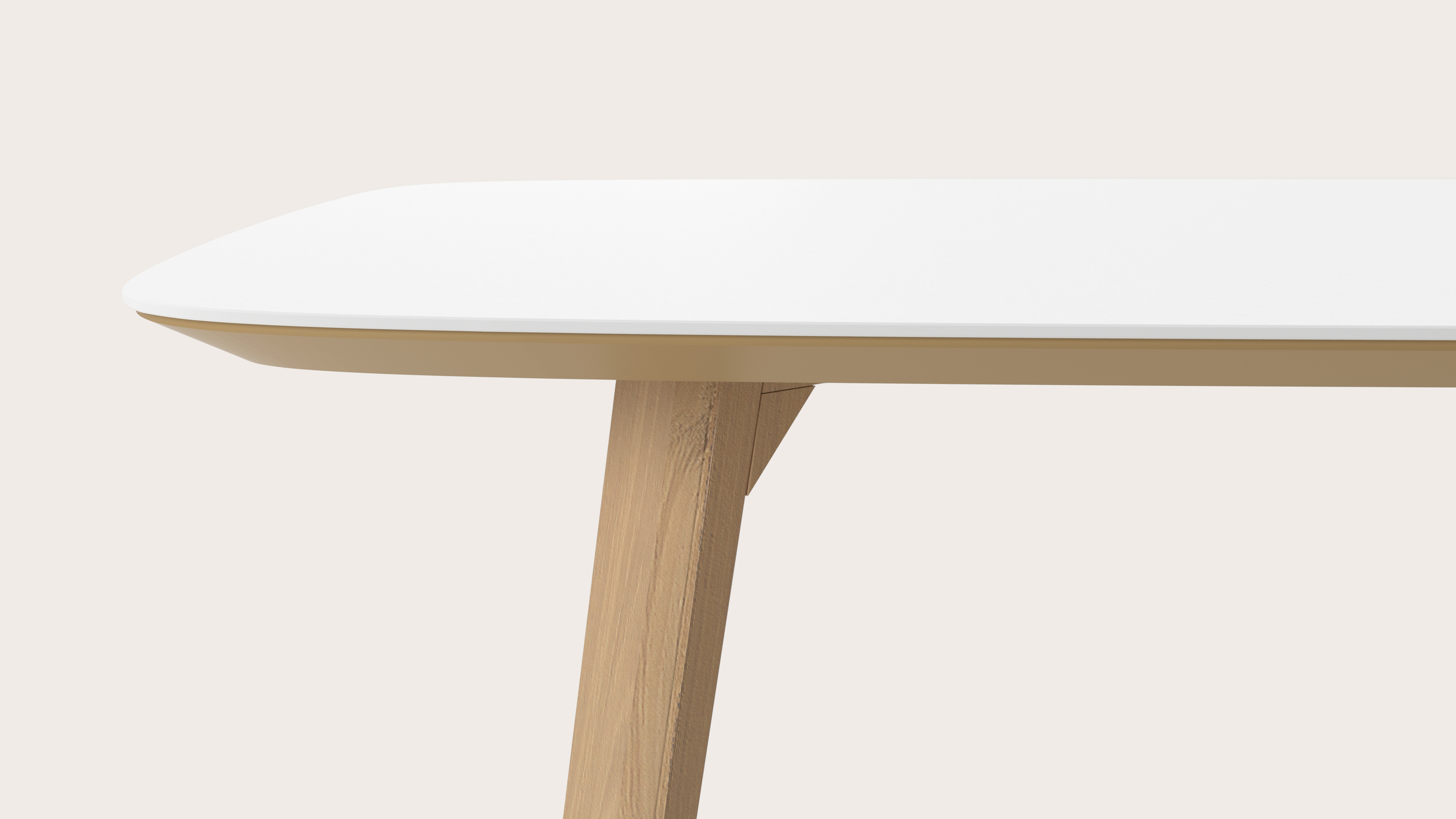 Eettafel Clino onderstel in natuurkleurige eik met bootvormig volkeramisch Ceramo blad in kleur Arctic White 180 x 100 x 77 cm